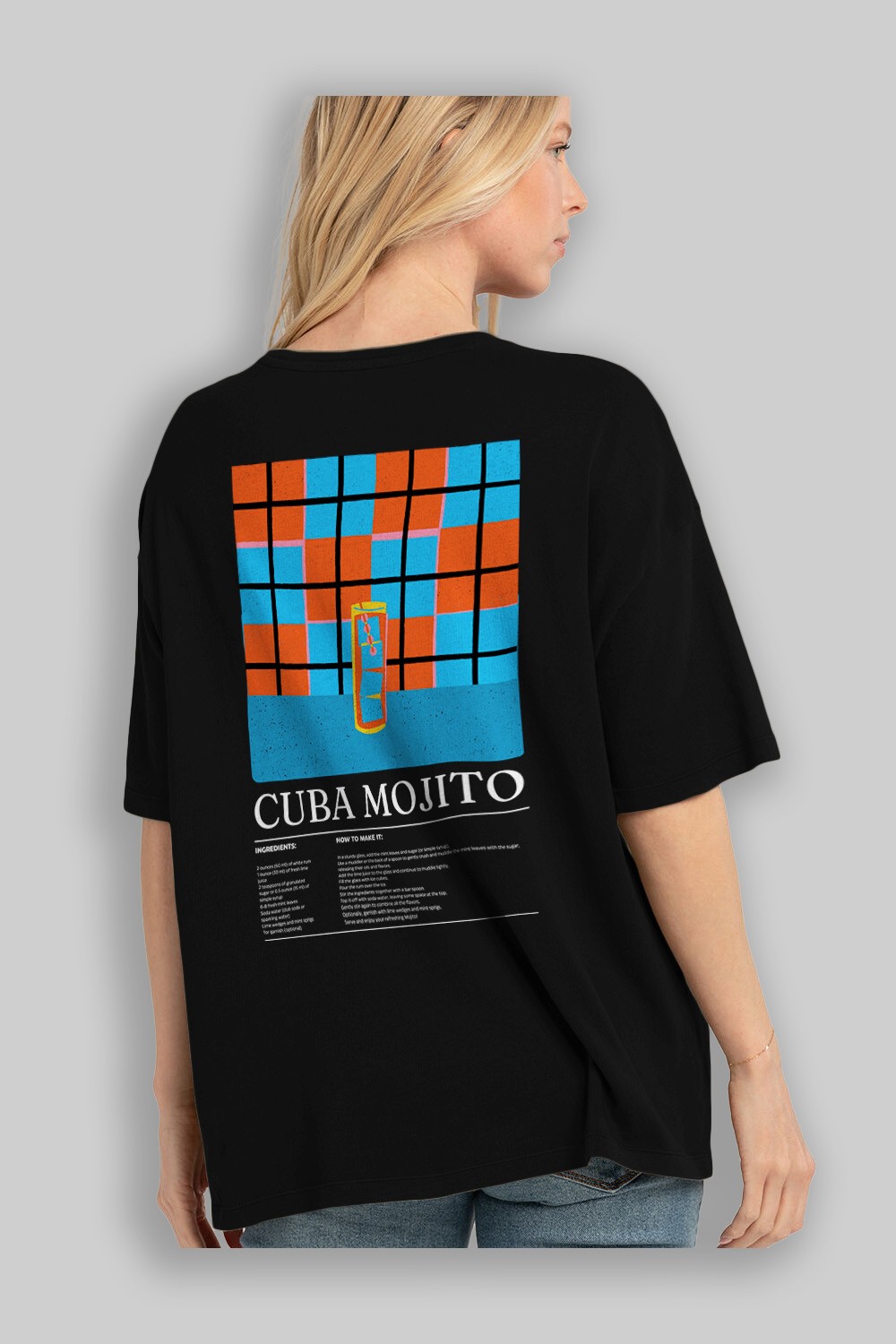 Cuba Mojıto Kokteyl Serisi Arka Baskılı Oversize t-shirt Erkek Kadın %100 Pamuk Bisiklet Yaka tişort