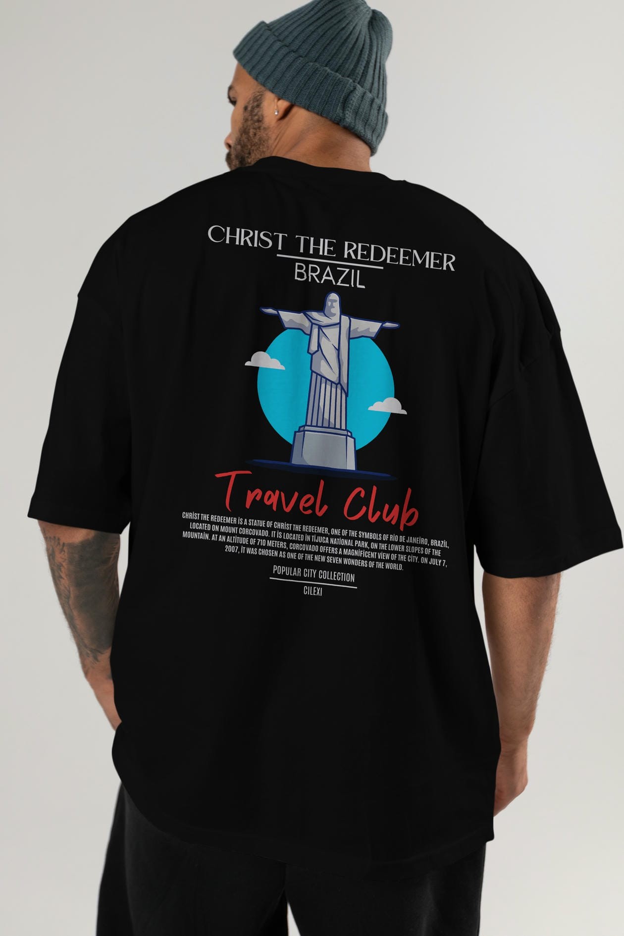 Christ The Redeemer Brazil Arka Baskılı Oversize t-shirt Erkek Kadın Pamuk Bisiklet Yaka tişort