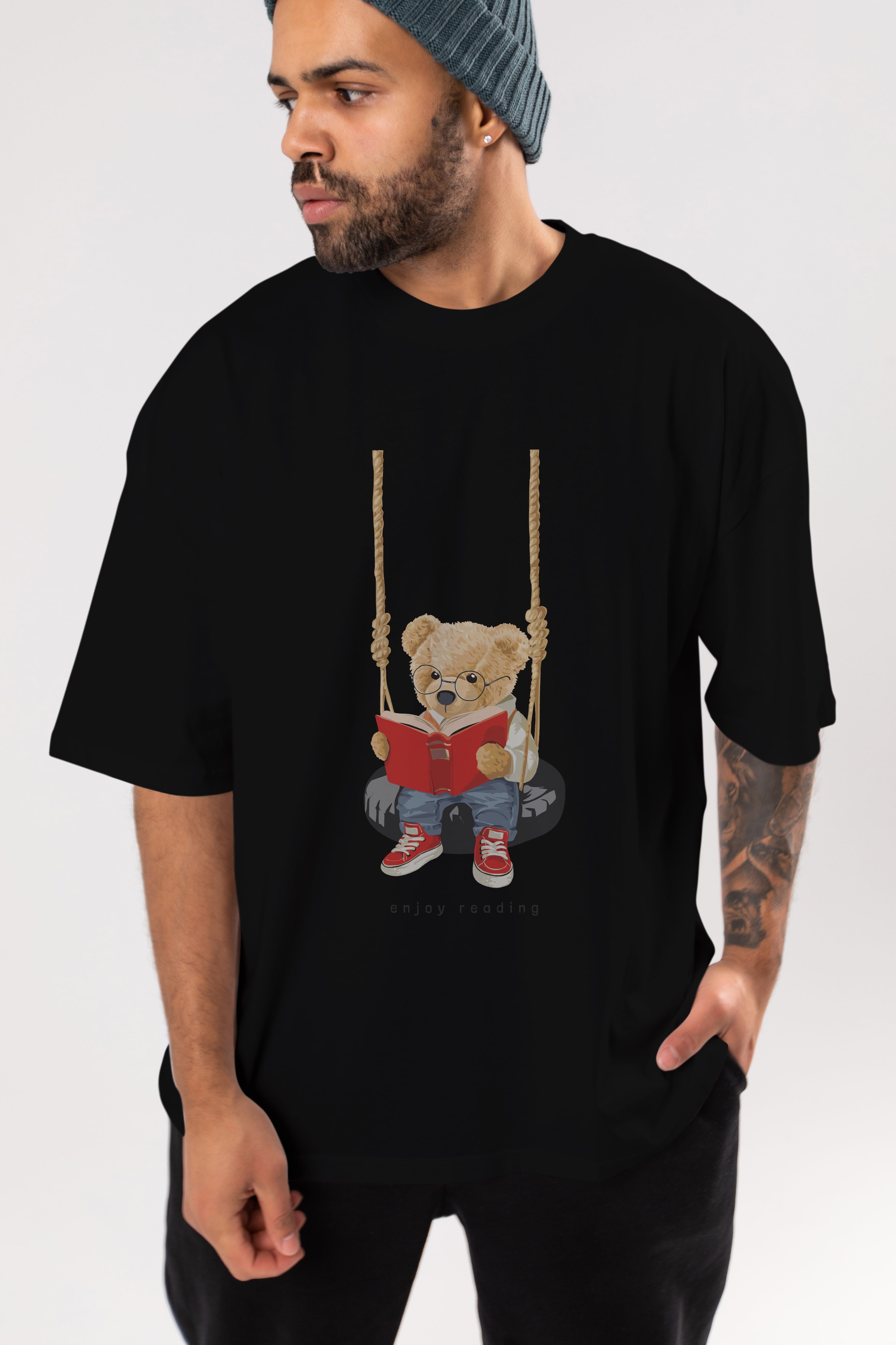 Teddy Bear Enjoy Reading Ön Baskılı Oversize t-shirt Erkek Kadın Unisex %100 Pamuk