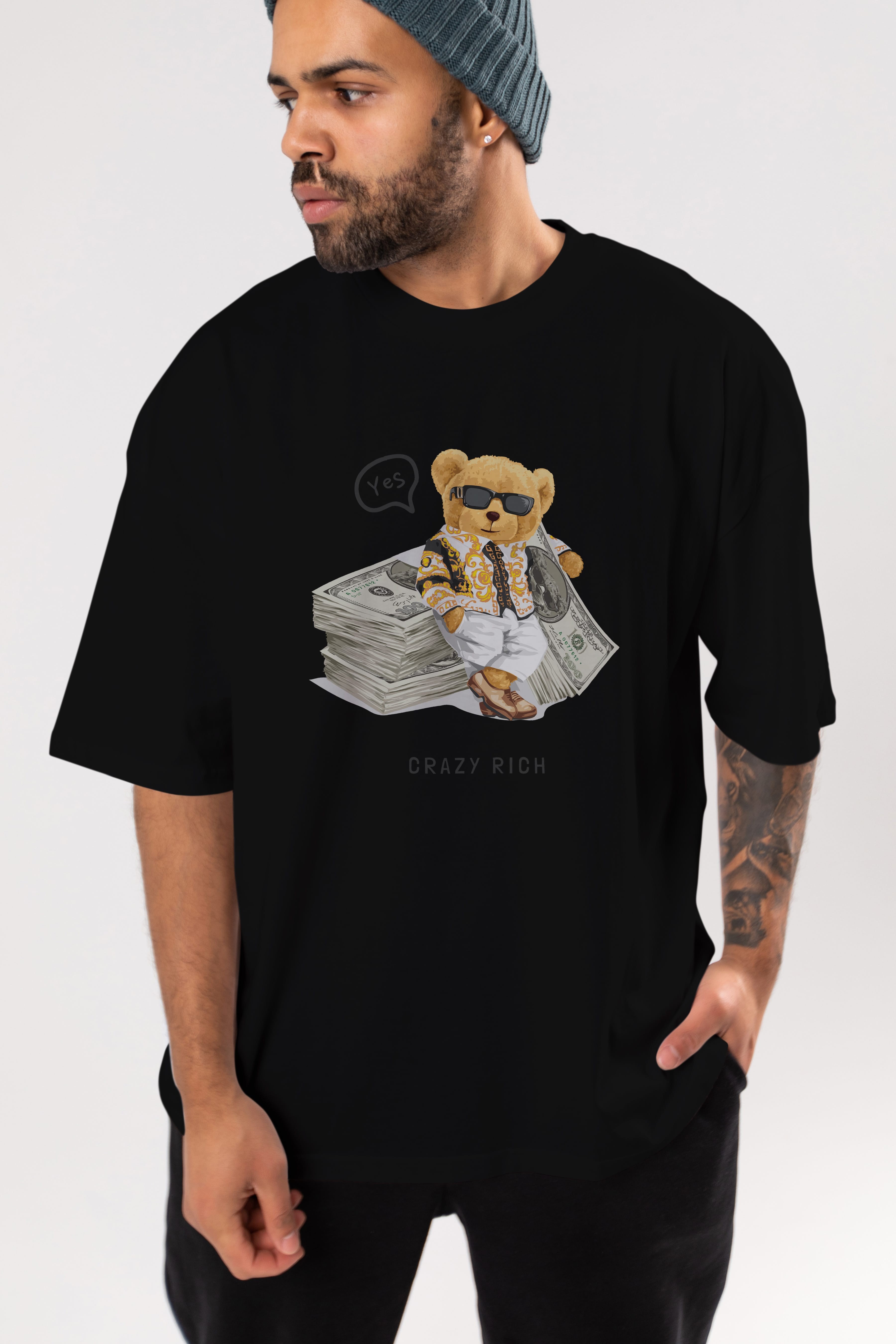 Teddy Bear Crazy Rich Ön Baskılı Oversize t-shirt Erkek Kadın Unisex %100 Pamuk