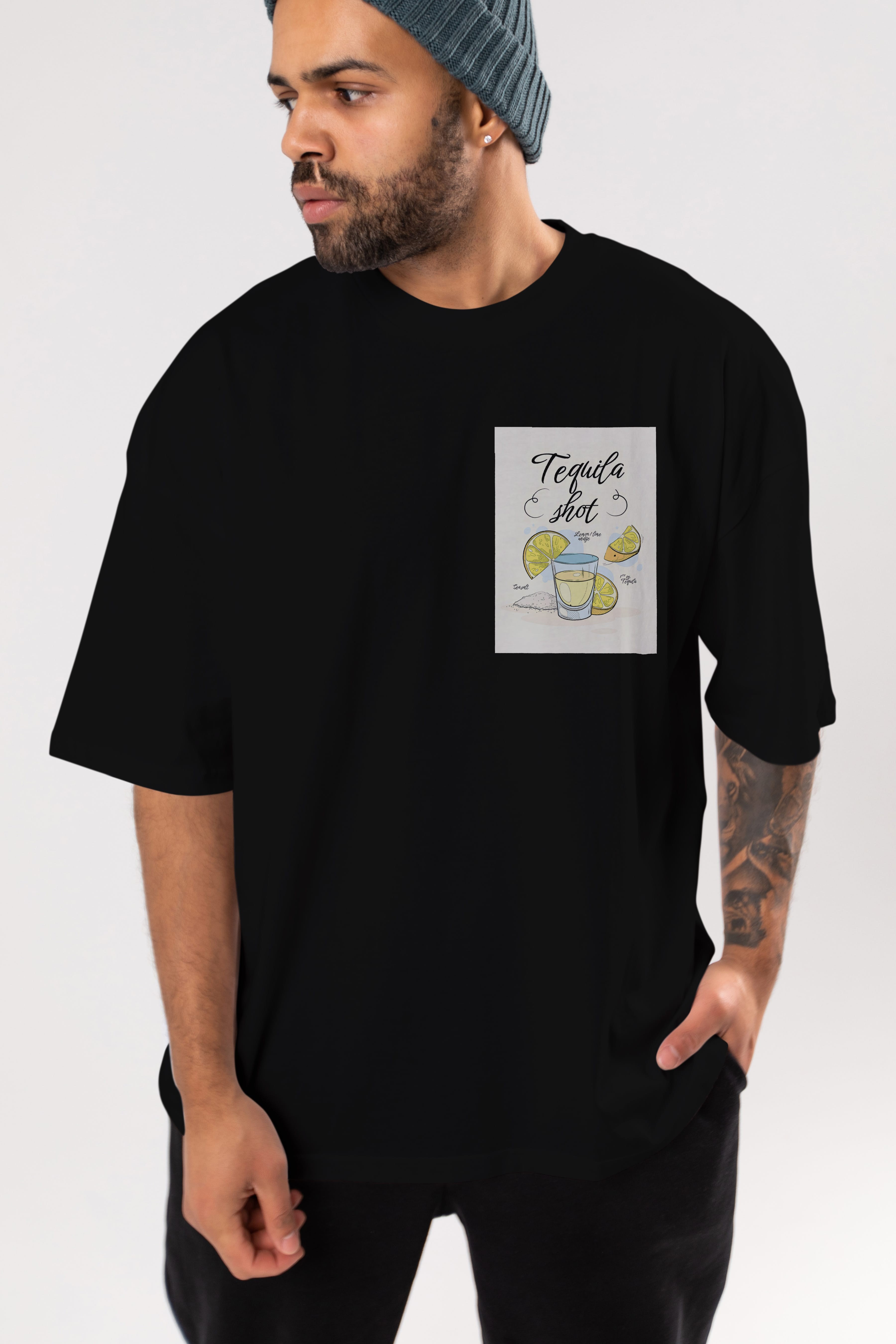 Tequila Shot Ön Sol Baskılı Oversize t-shirt Erkek Kadın Unisex %100 Pamuk Bisiklet Yaka tişort