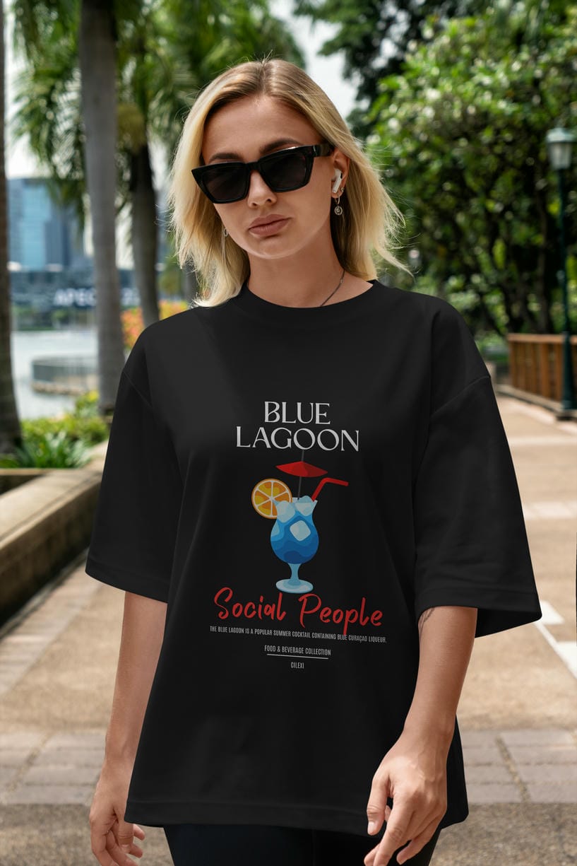 Blue Lagoon Kokteyl Serisi ön Baskılı Oversize t-shirt Erkek Kadın %100 Pamuk Bisiklet Yaka tişort