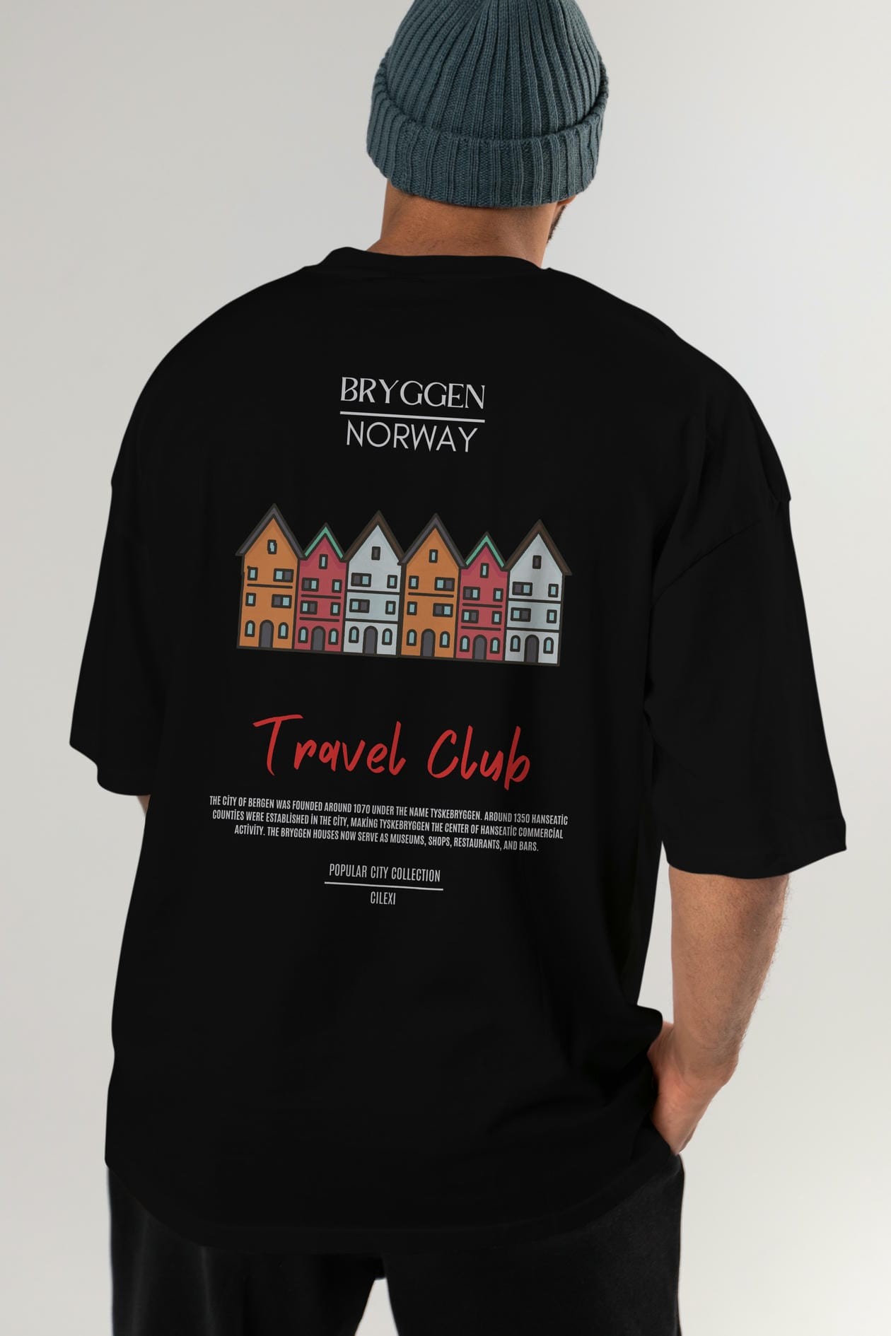 Bryggen Norway Arka Baskılı Oversize t-shirt Erkek Kadın Pamuk Bisiklet Yaka tişort