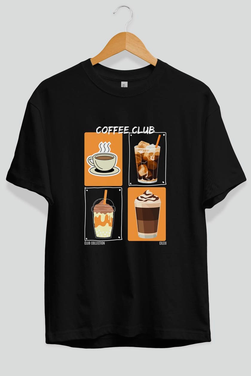 Coffee Club ön Baskılı Oversize t-shirt Erkek Kadın %100 Pamuk Bisiklet Yaka tişort