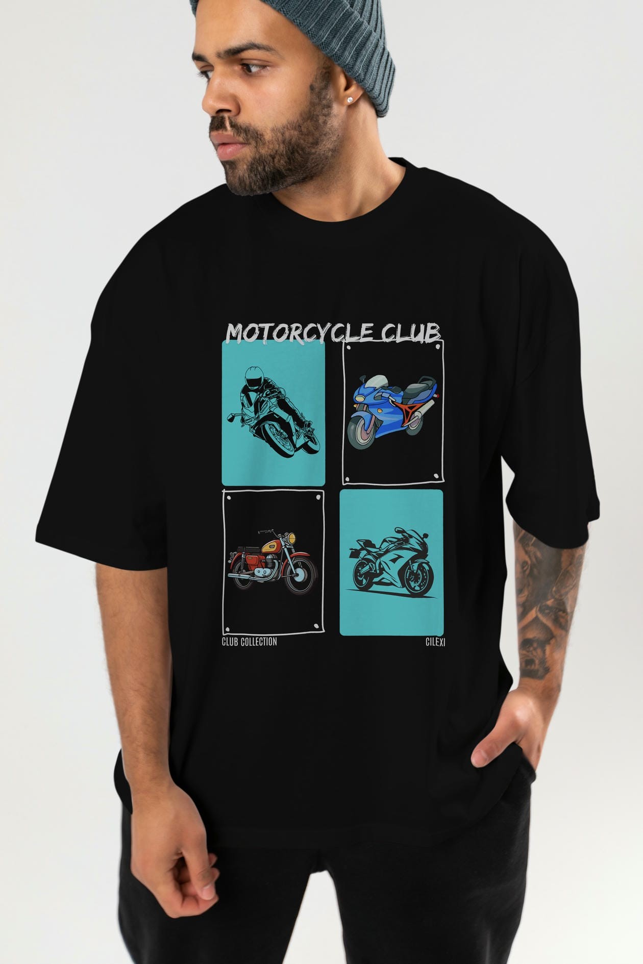 Motorcycle Club ön Baskılı Oversize t-shirt Erkek Kadın %100 Pamuk Bisiklet Yaka tişort