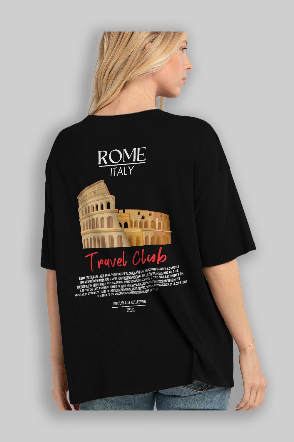 Roma İtaly Arka Baskılı Oversize t-shirt Erkek Kadın Pamuk Bisiklet Yaka tişort