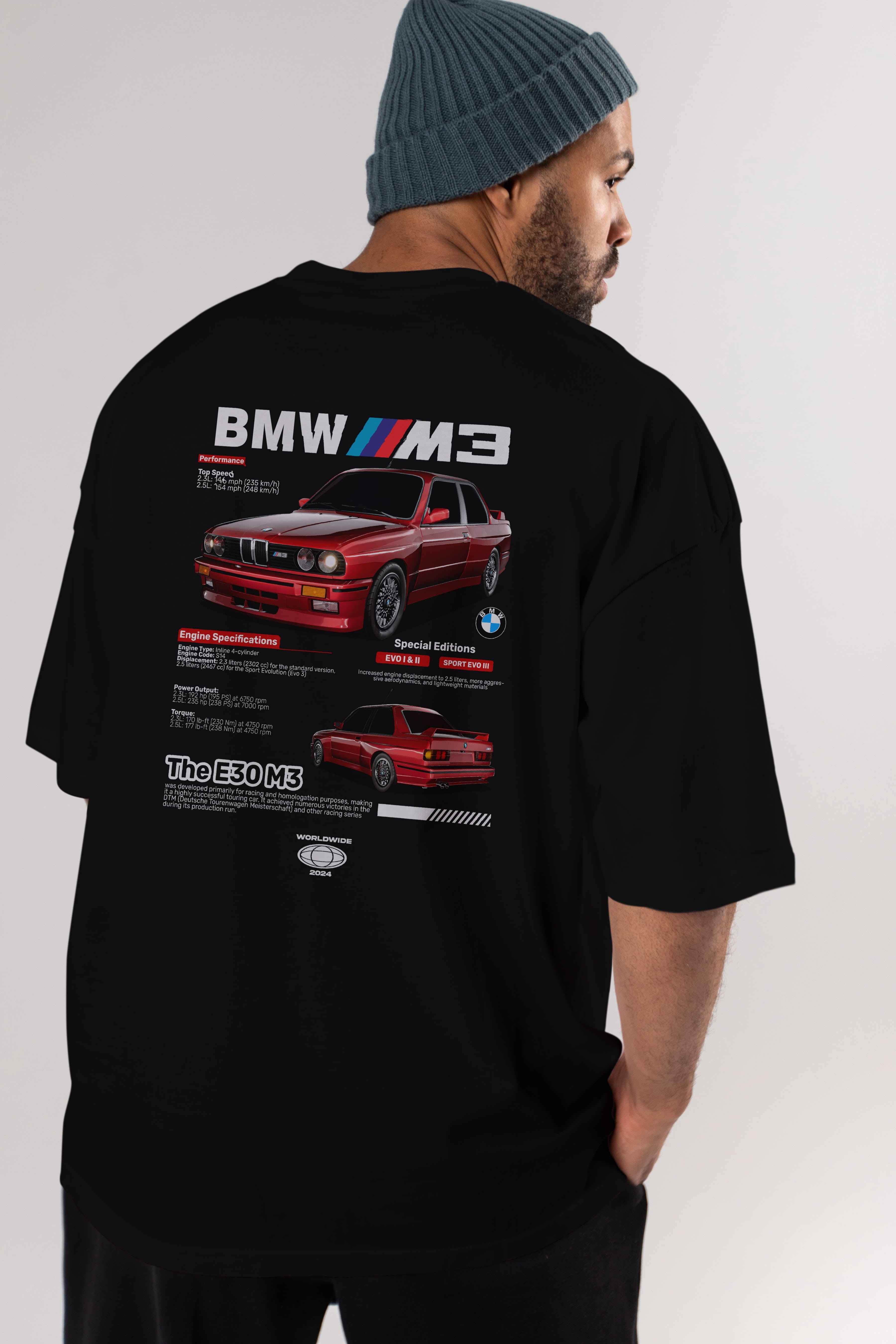 BMW E30 M3 Arka Baskılı Oversize t-shirt Erkek Kadın Unisex %100 Pamuk Bisiklet Yaka tişort
