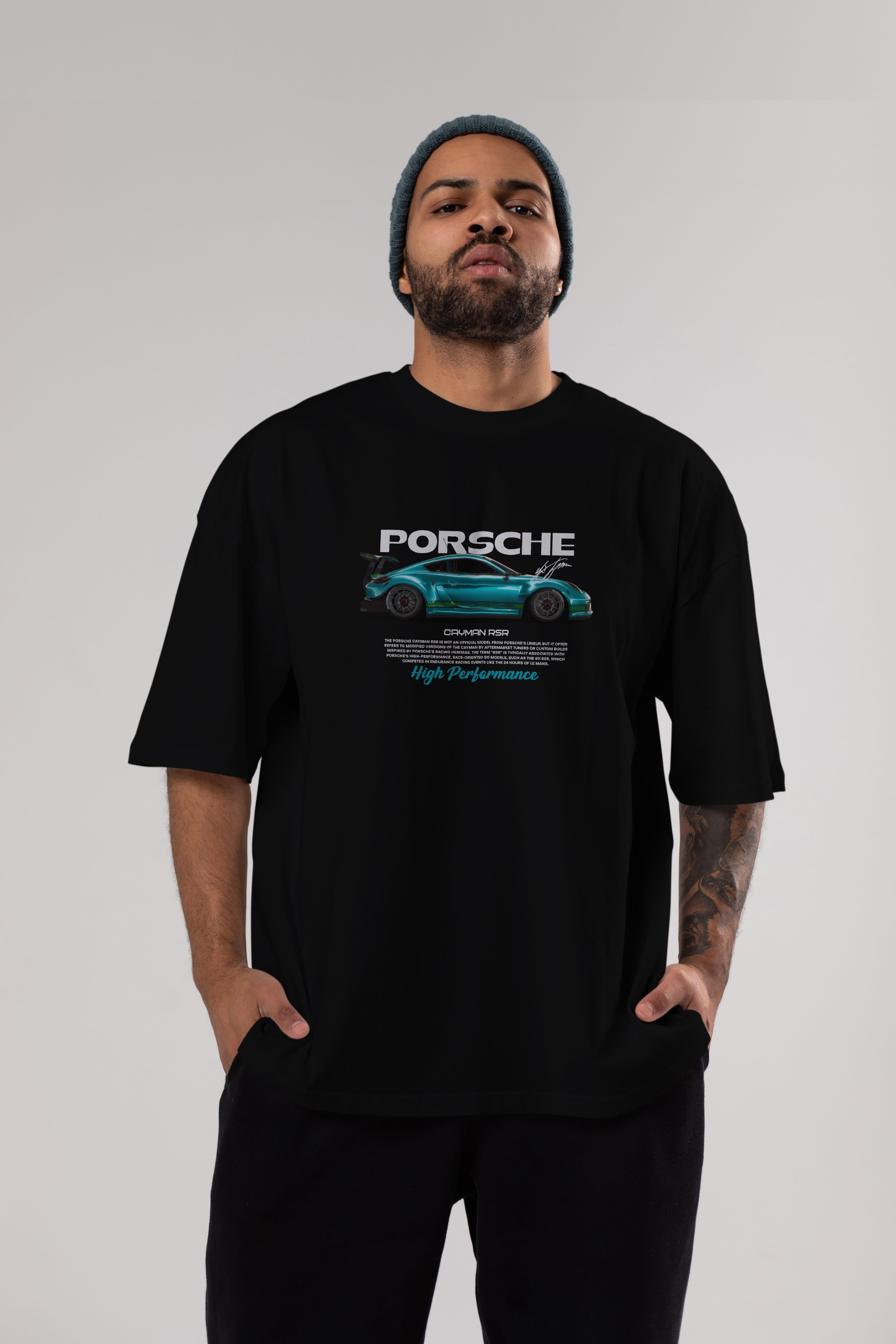 PORSCHE CAYMAN RSR Ön Baskılı Oversize t-shirt Erkek Kadın Unisex %100 Pamuk Bisiklet Yaka tişort