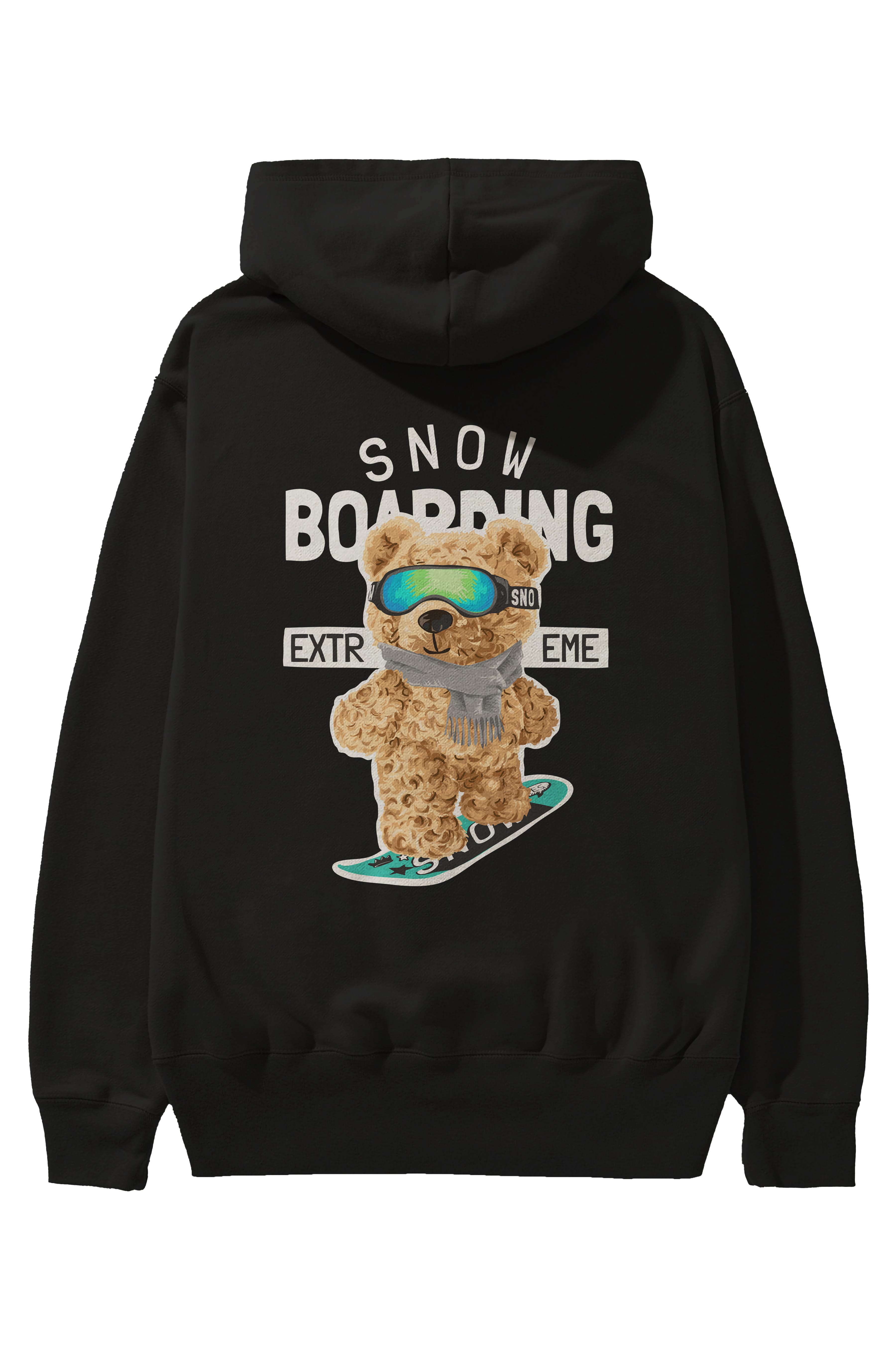Teddy Bear Snow Boarding Arka Baskılı Hoodie Oversize Kapüşonlu Sweatshirt Erkek Kadın Unisex