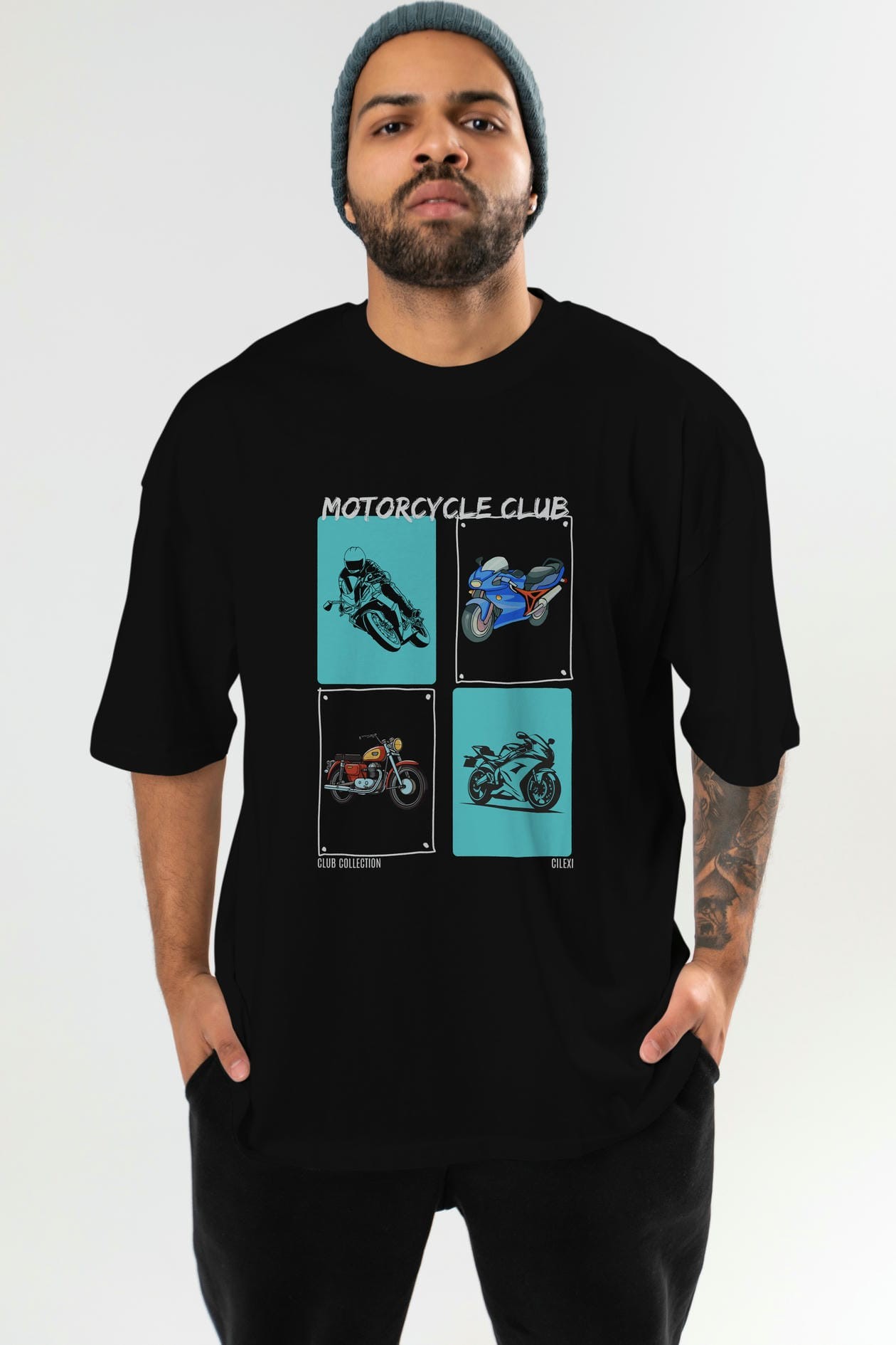 Motorcycle Club ön Baskılı Oversize t-shirt Erkek Kadın %100 Pamuk Bisiklet Yaka tişort