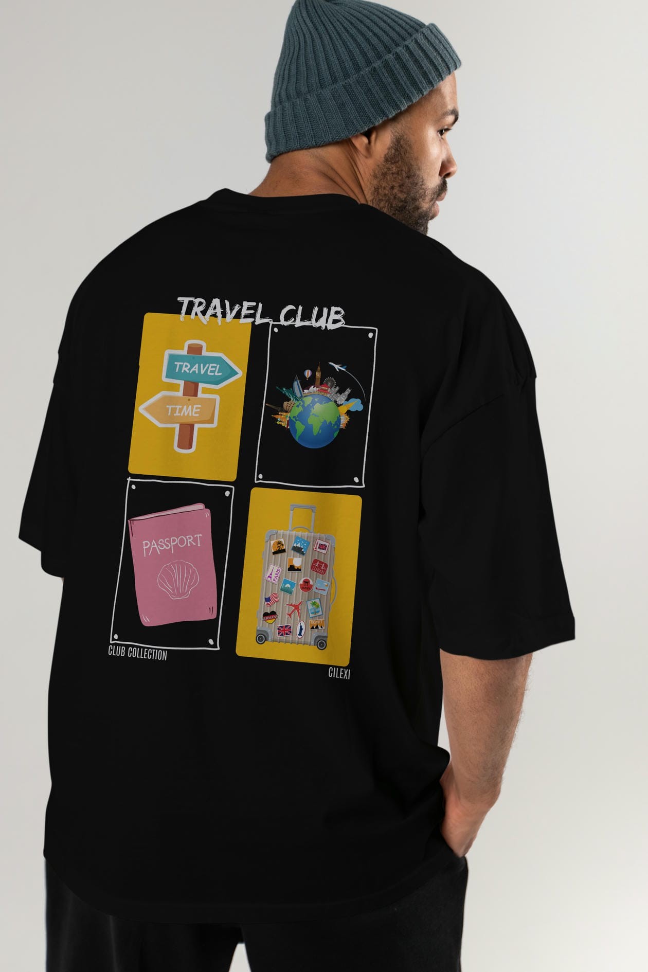 Travel Club Arka Baskılı Oversize t-shirt Erkek Kadın %100 Pamuk Bisiklet Yaka tişort