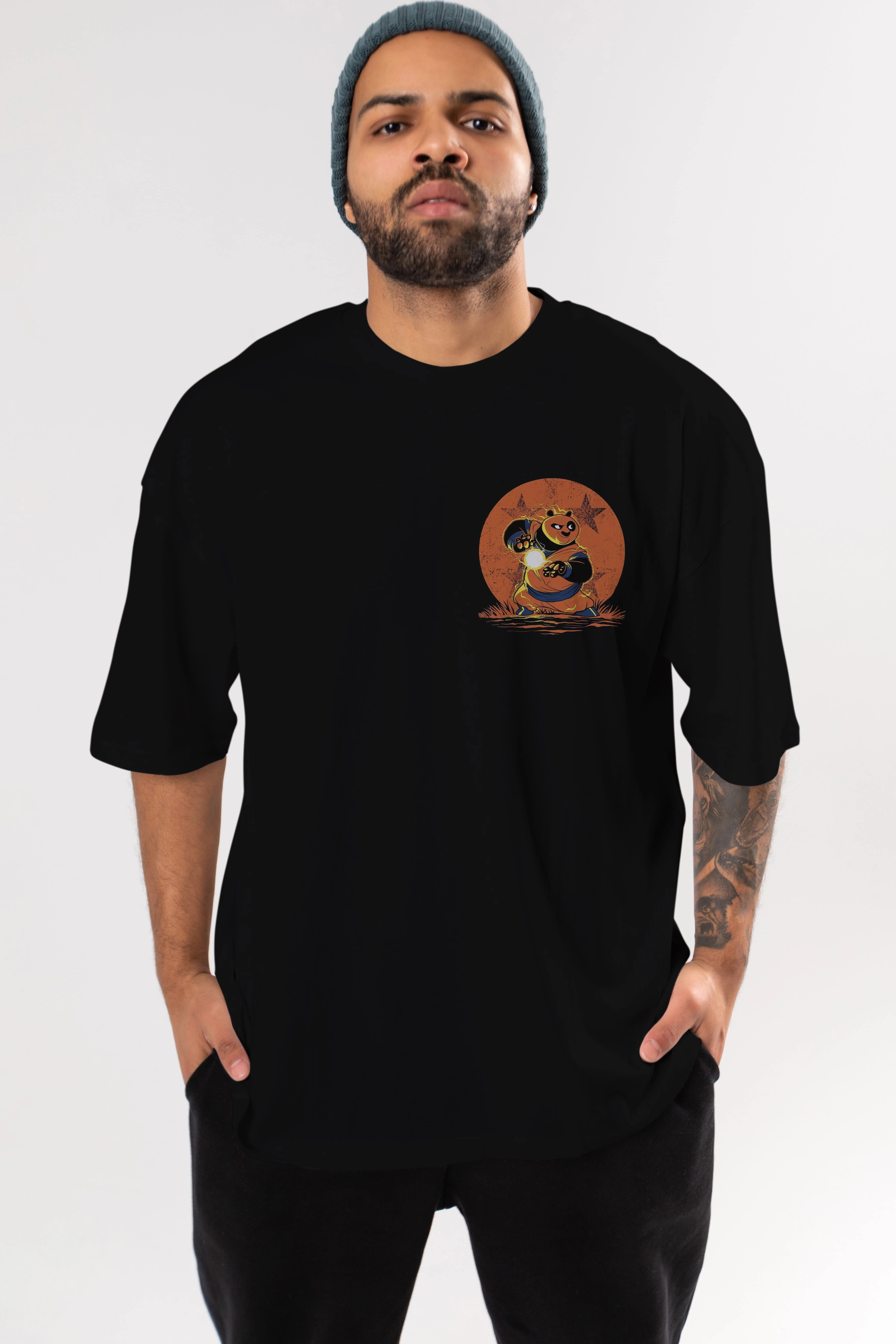 Kung Fu Panda Ön Sol Baskılı Oversize t-shirt Erkek Kadın Unisex %100 Pamuk Bisiklet Yaka tişort