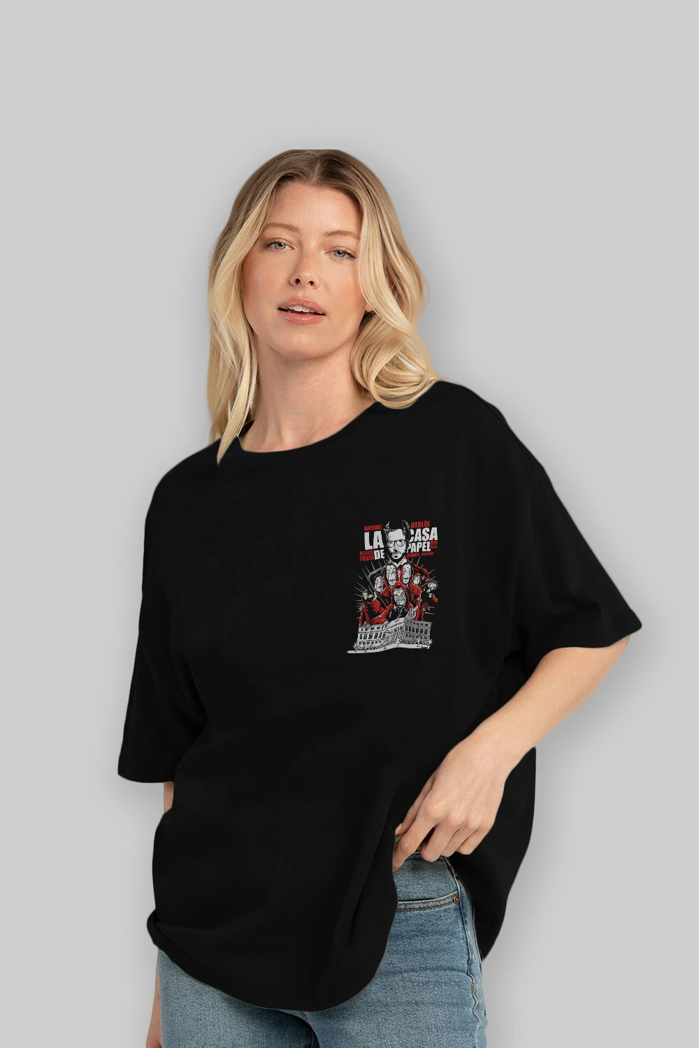 La Casa De Papel (2) Ön Sol Baskılı Oversize t-shirt Erkek Kadın Unisex %100 Pamuk Bisiklet Yaka tişort