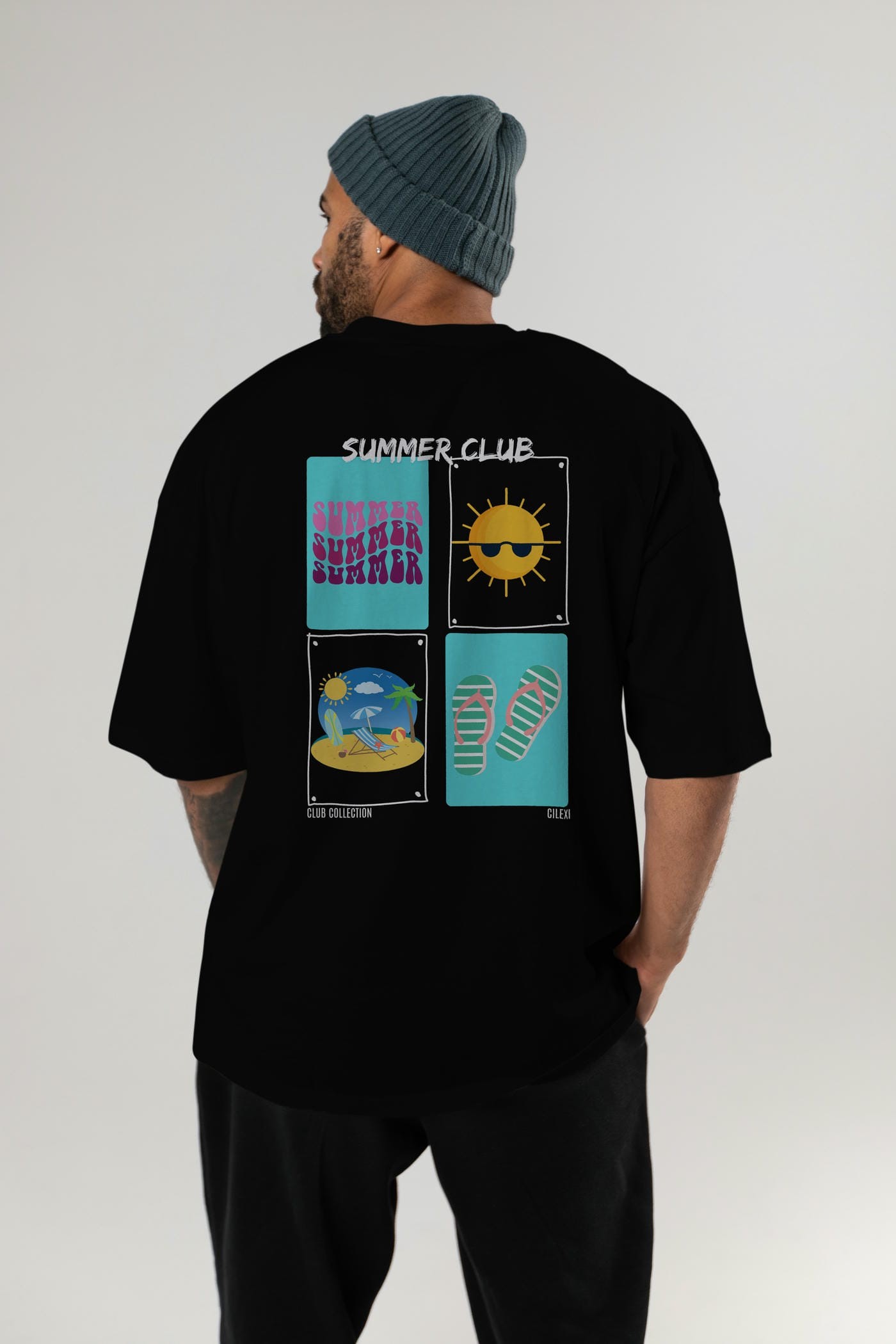 Summer Club Arka Baskılı Oversize t-shirt Erkek Kadın %100 Pamuk Bisiklet Yaka tişort