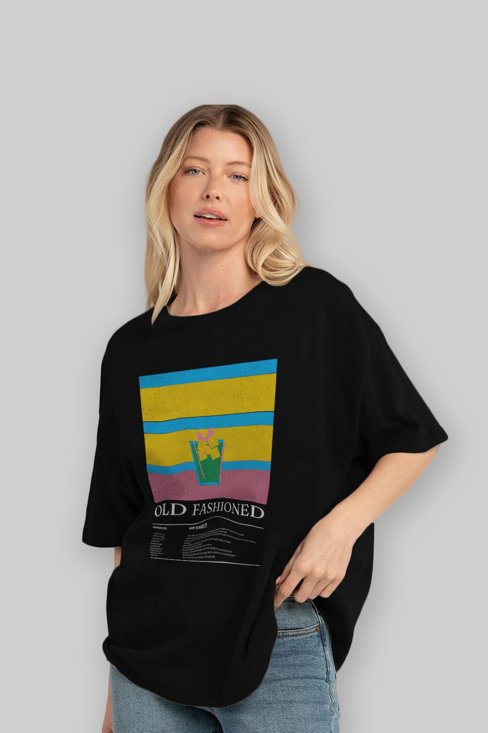 Old Fashioned Kokteyl Ön Baskılı Oversize t-shirt Erkek Kadın %100 Pamuk Bisiklet Yaka tişort
