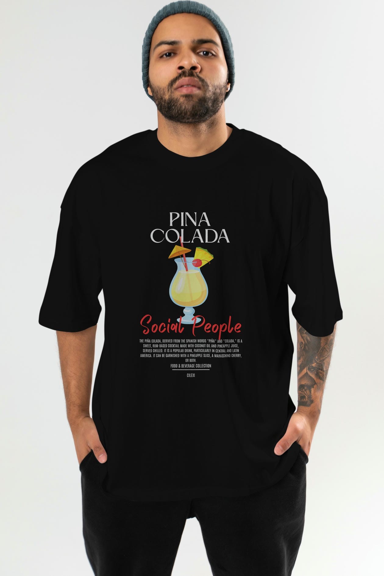 Pına Colada Kokteyl Serisi ön Baskılı Oversize t-shirt Erkek Kadın %100 Pamuk Bisiklet Yaka tişort