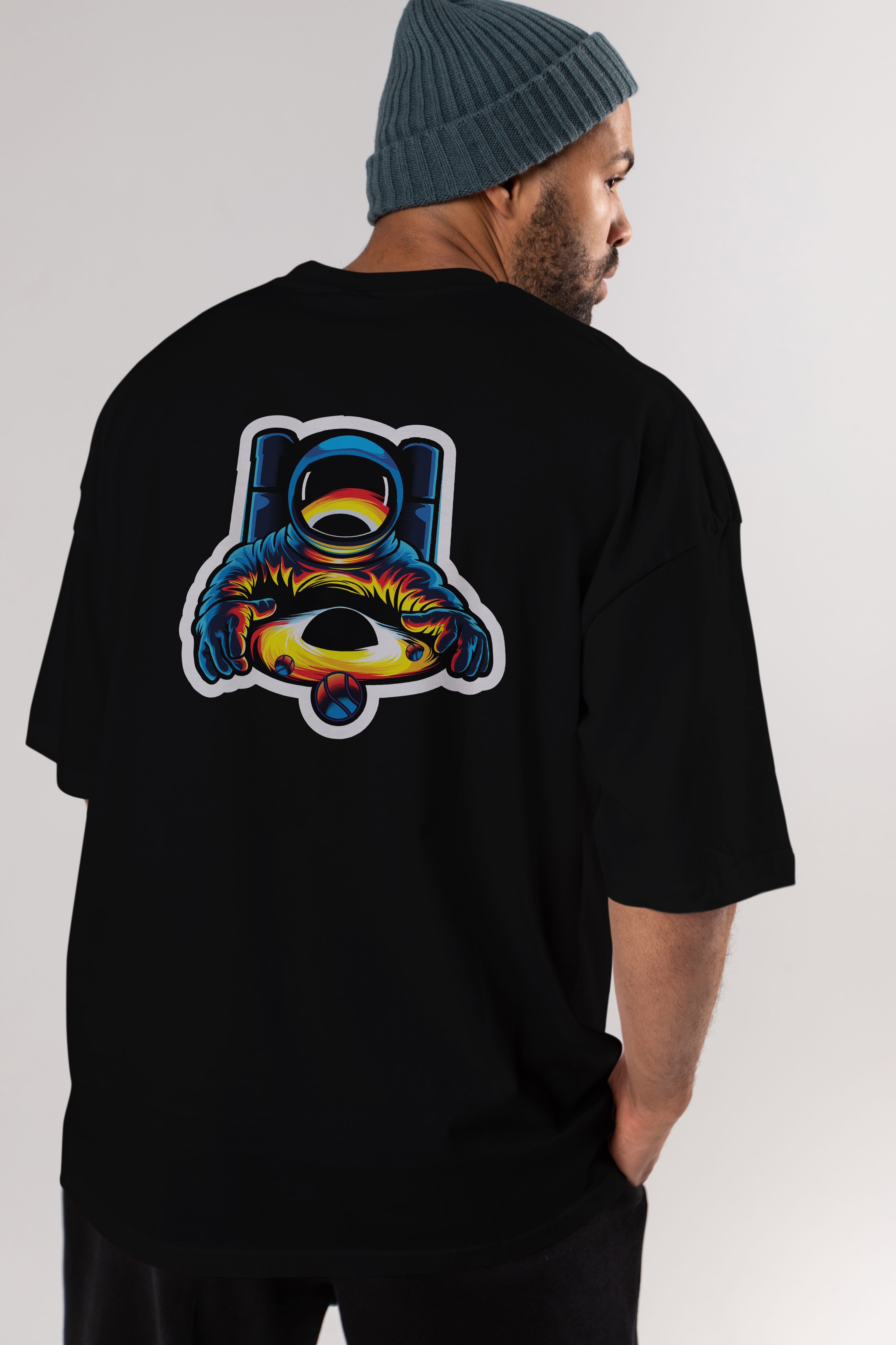 Astronaut & Black Hole Sticker Arka Baskılı Oversize t-shirt Erkek Kadın Unisex