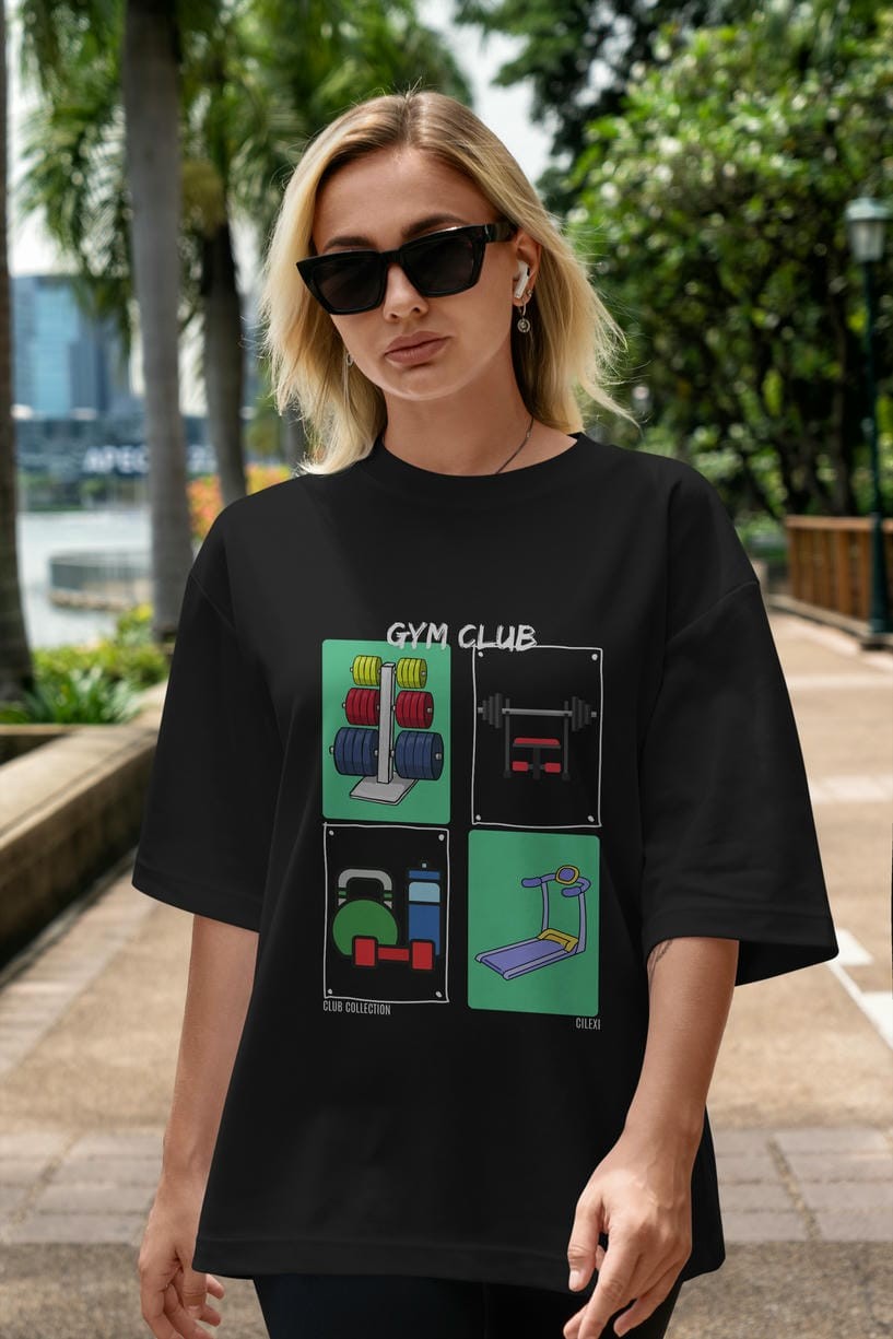 Gym Club ön Baskılı Oversize t-shirt Erkek Kadın %100 Pamuk Bisiklet Yaka tişort