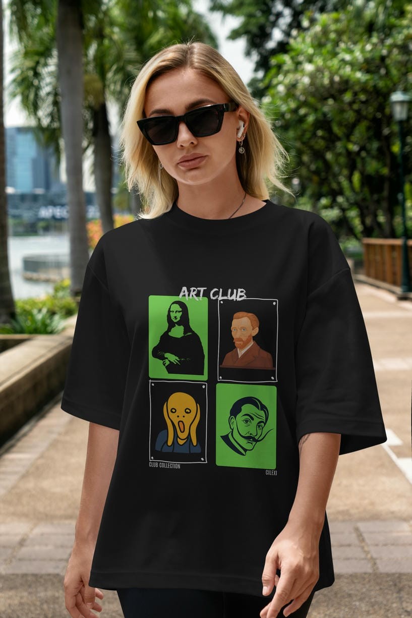 Art Club ön Baskılı Oversize t-shirt Erkek Kadın %100 Pamuk Bisiklet Yaka tişort