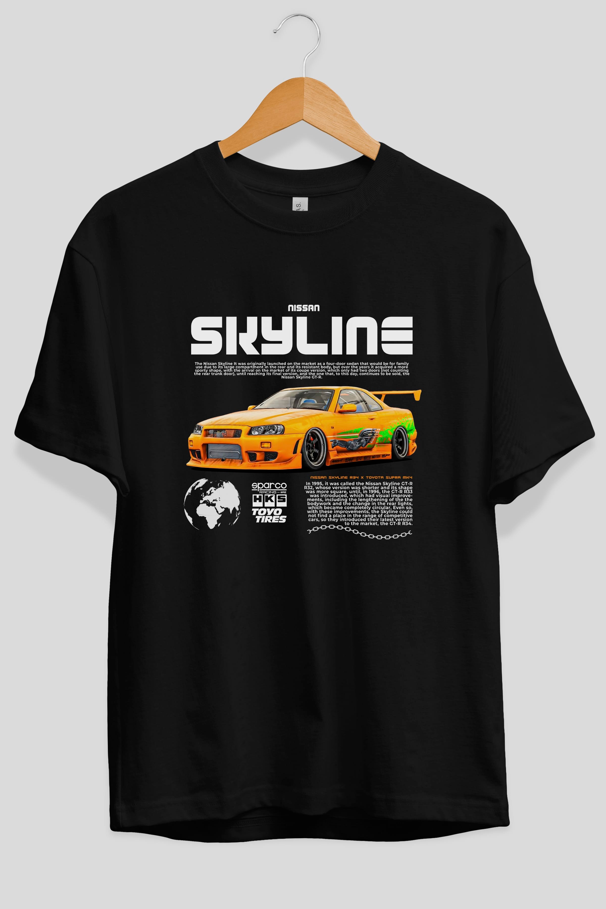 SKYLINE X SUPRA Ön Baskılı Oversize t-shirt Erkek Kadın Unisex %100 Pamuk Bisiklet Yaka tişort