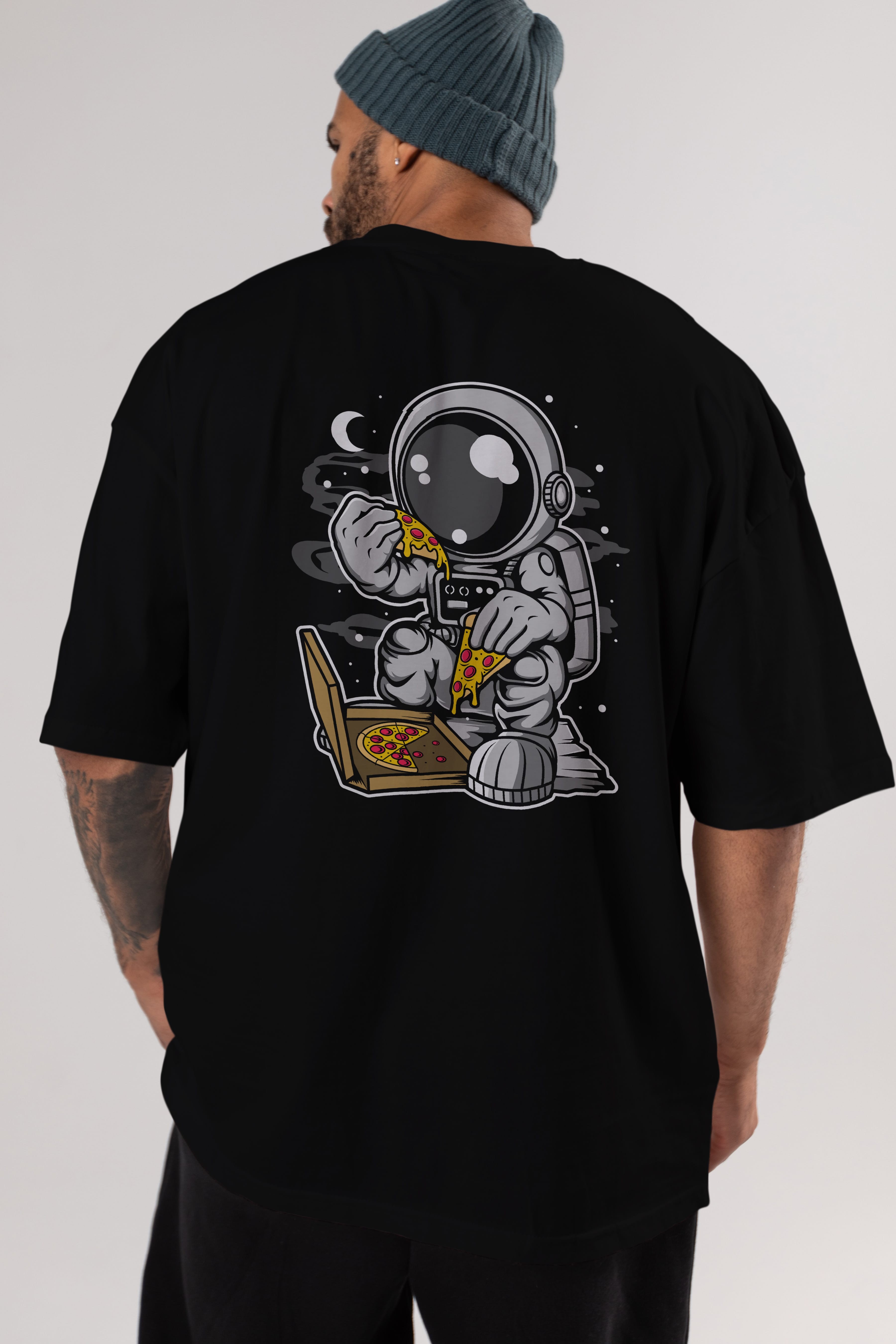 Astronaut Pizza Arka Baskılı Oversize t-shirt Erkek Kadın Unisex