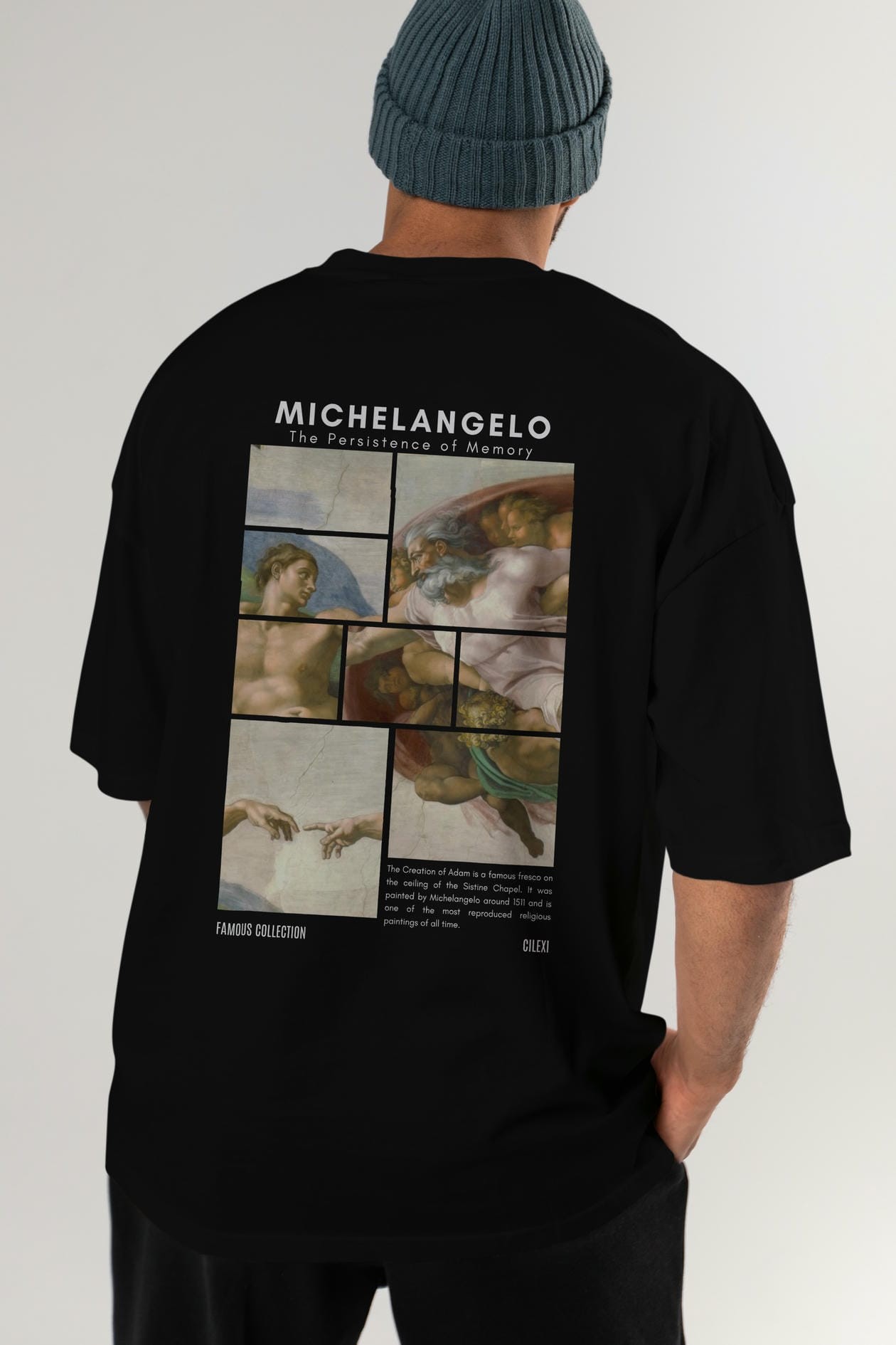 Michelangelo Arka Baskılı Oversize t-shirt Erkek Kadın Bisiklet Yaka Pamuk tişort
