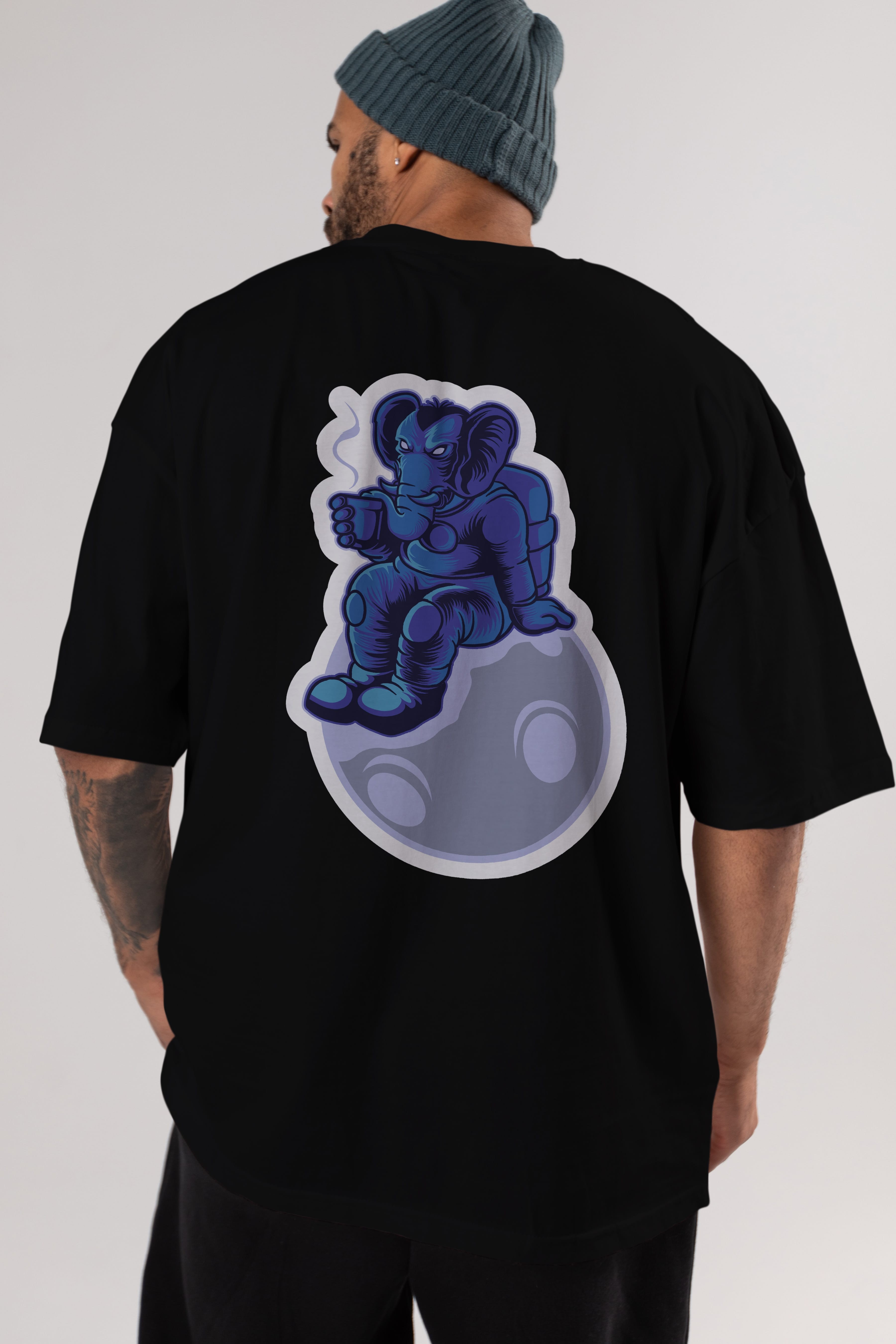 Space Elephant Drink Coffee Sticker Arka Baskılı Oversize t-shirt Erkek Kadın Unisex