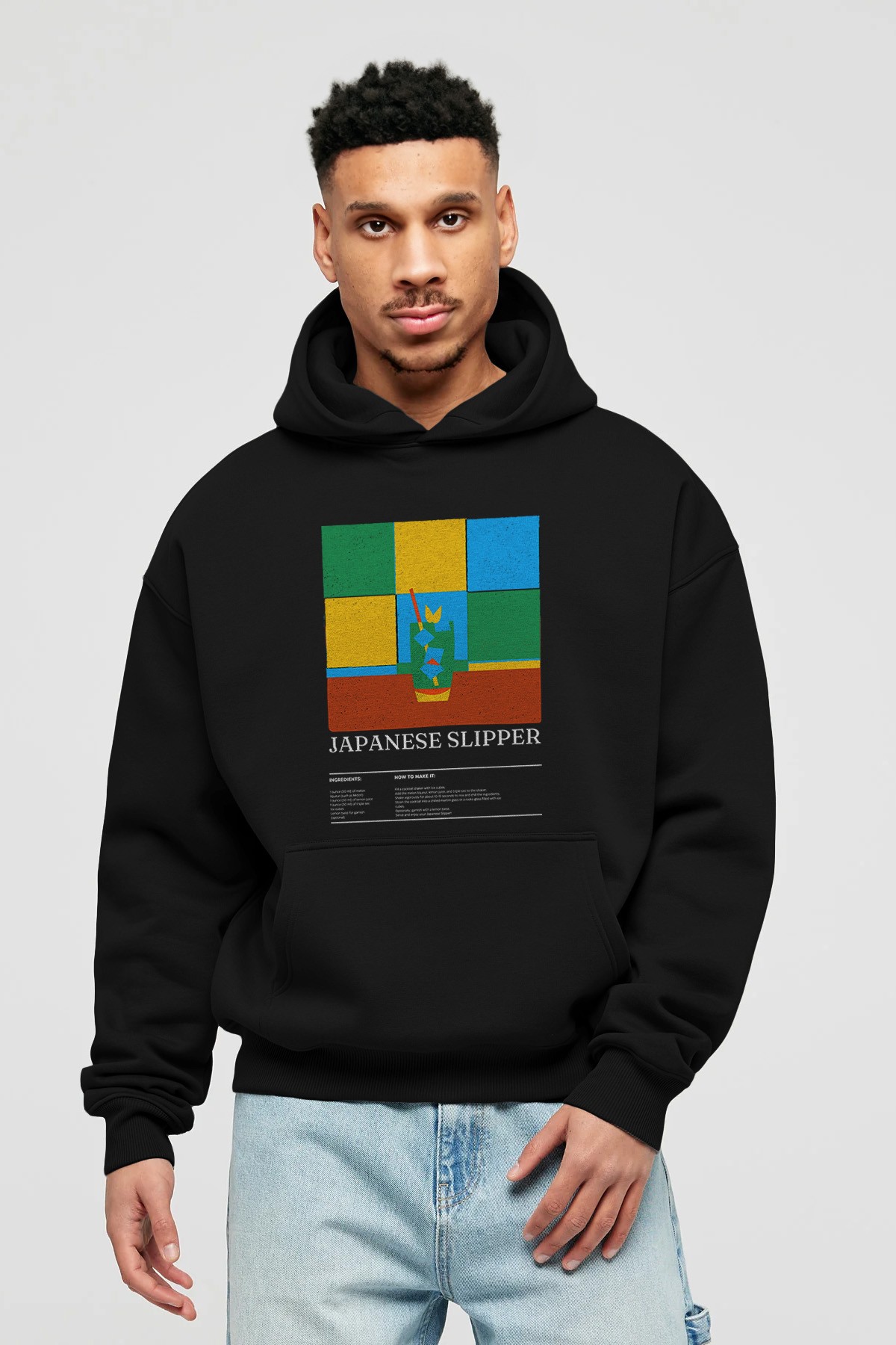 Japanese Slipper Kokteyl ön Baskılı Hoodie Oversize Kapüşonlu Sweatshirt Erkek Kadın