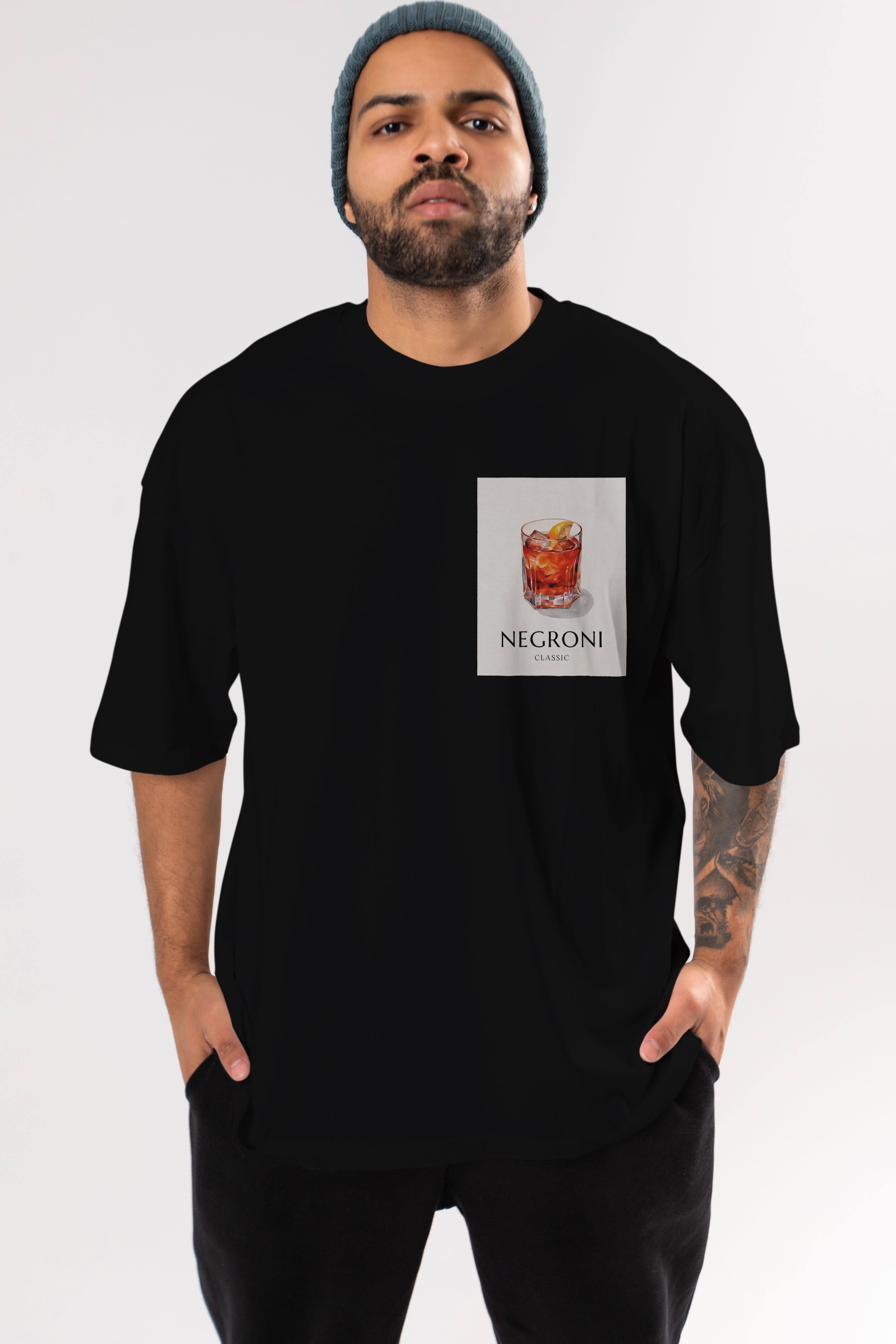 Negroni Classic Ön Sol Baskılı Oversize t-shirt Erkek Kadın Unisex %100 Pamuk Bisiklet Yaka tişort