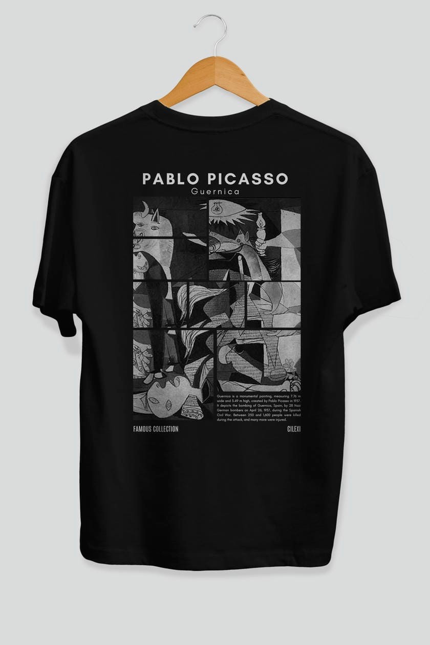 Pablo Picasso Guernica Arka Baskılı Oversize t-shirt Erkek Kadın Bisiklet Yaka Pamuk tişort