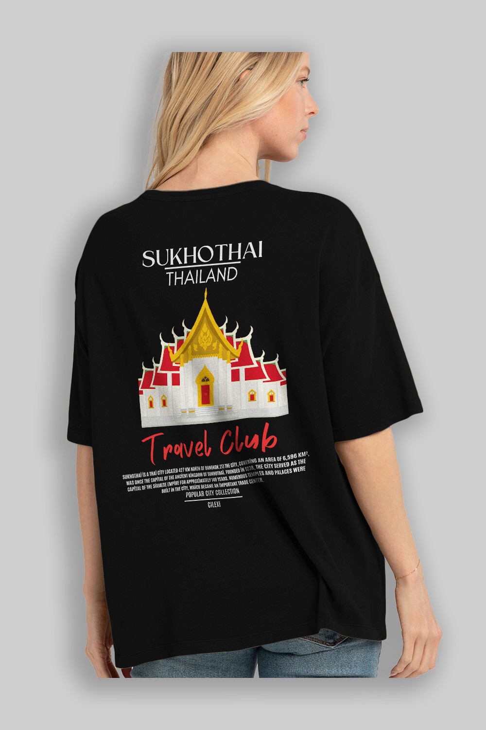 Sukhothai Thailand Arka Baskılı Oversize t-shirt Erkek Kadın Pamuk Bisiklet Yaka tişort