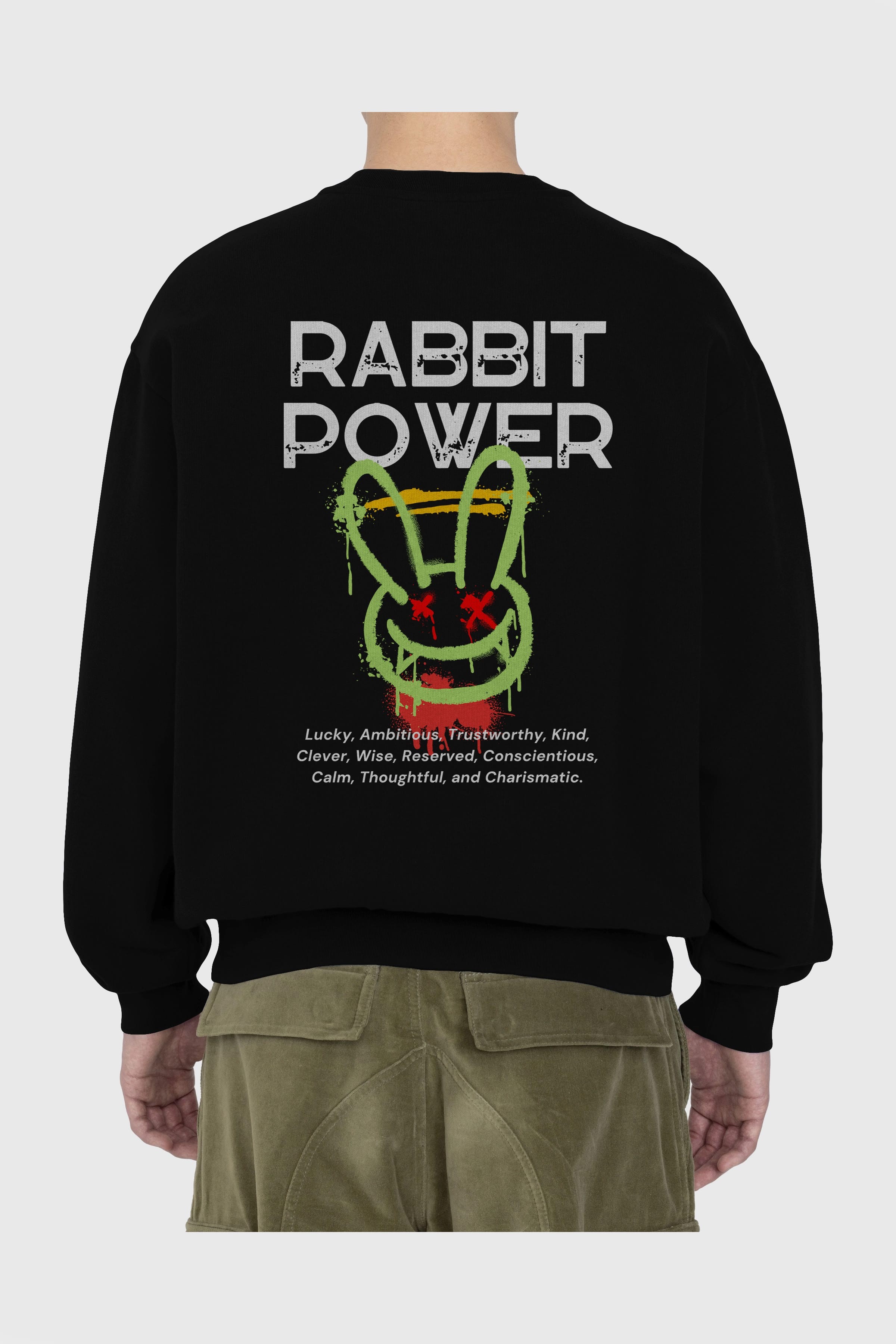 Rabbit Power Yazılı Arka Baskılı Oversize Sweatshirt Erkek Kadın Unisex