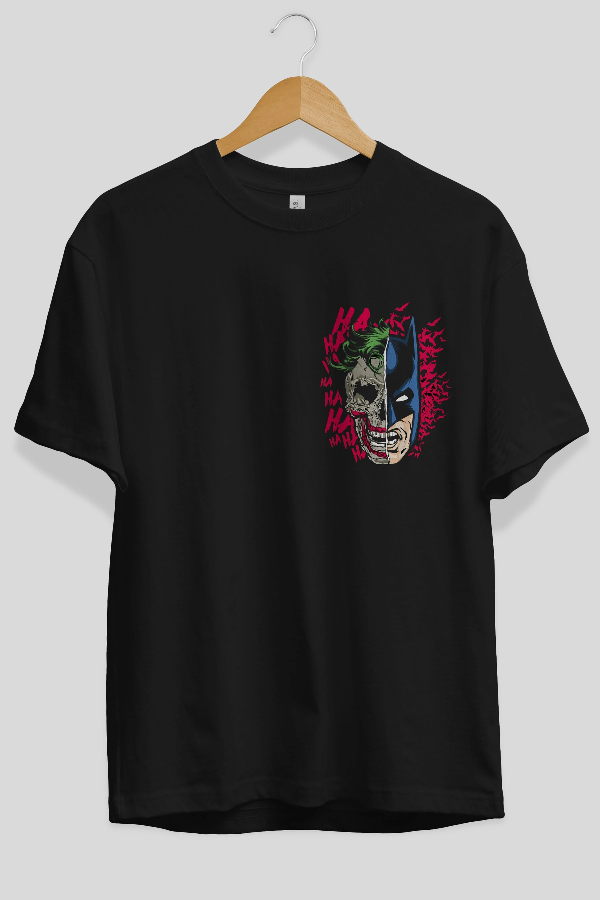 Joker Batman Ön Sol Baskılı Oversize t-shirt Erkek Kadın Unisex %100 Pamuk Bisiklet Yaka tişort