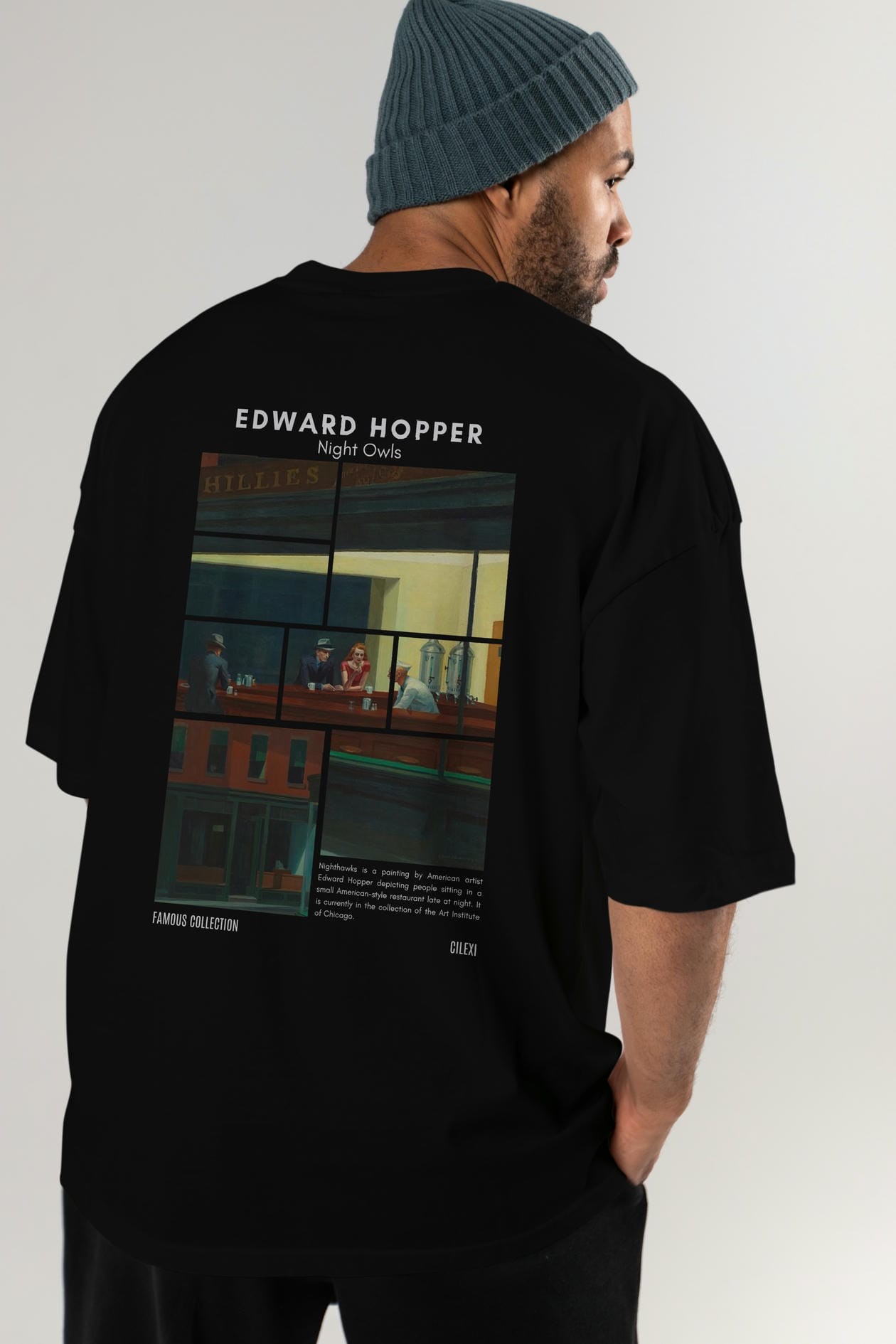 Edward Hopper Night Owls Arka Baskılı Oversize t-shirt Erkek Kadın Bisiklet Yaka Pamuk tişort