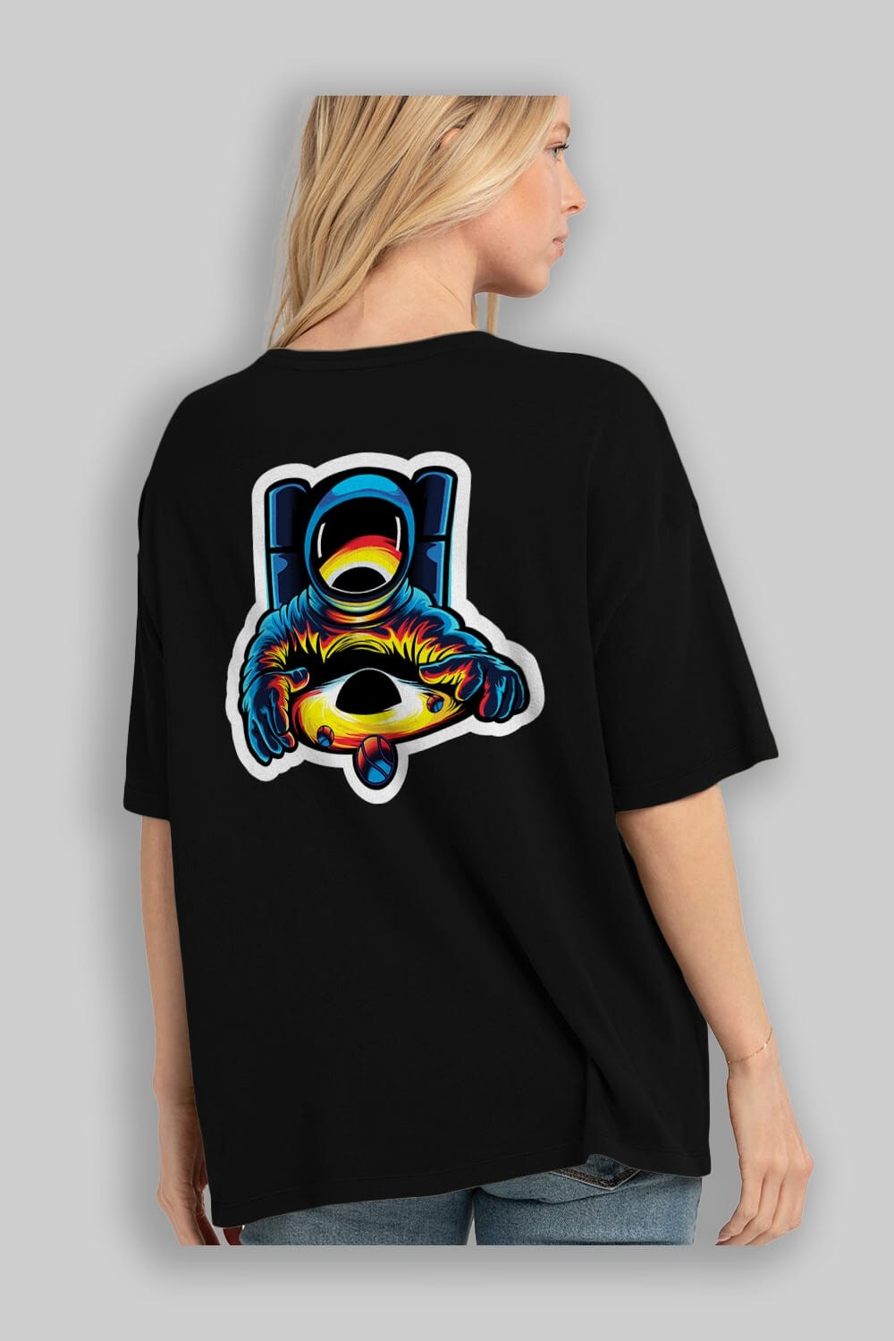 Astronaut & Black Hole Sticker Arka Baskılı Oversize t-shirt Erkek Kadın Unisex