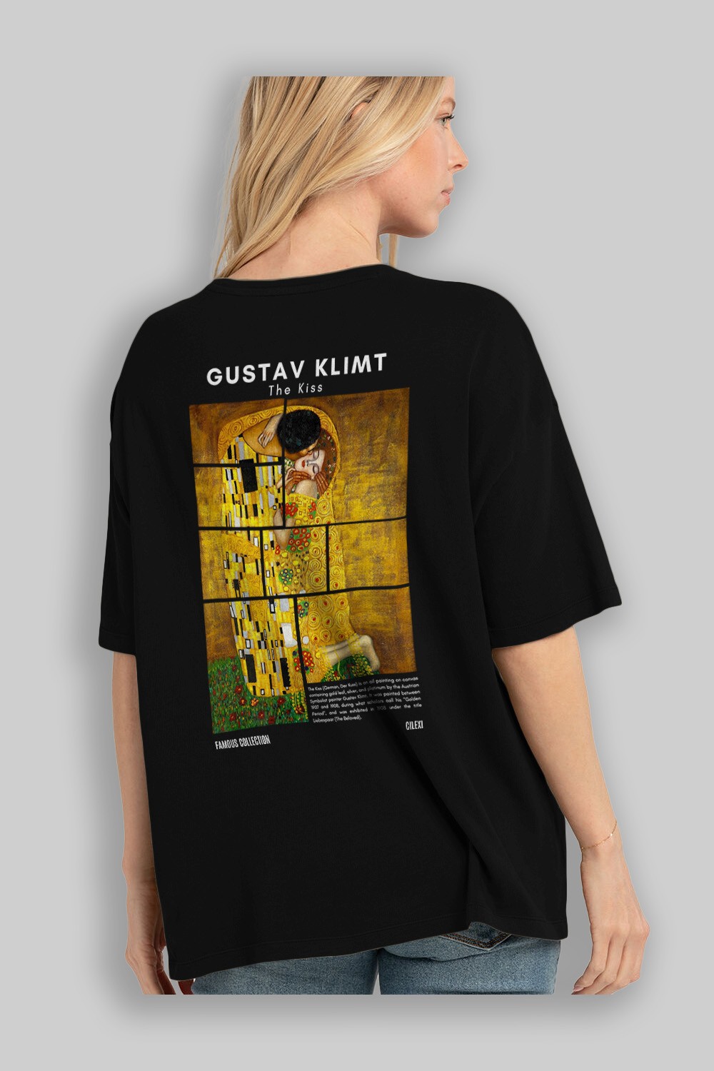 Gustav Klimt The Kiss Arka Baskılı Oversize t-shirt Erkek Kadın Bisiklet Yaka Pamuk tişort