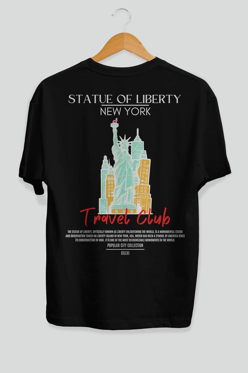 Statue Of Liberty New York Arka Baskılı Oversize t-shirt Erkek Kadın Pamuk Bisiklet Yaka tişort