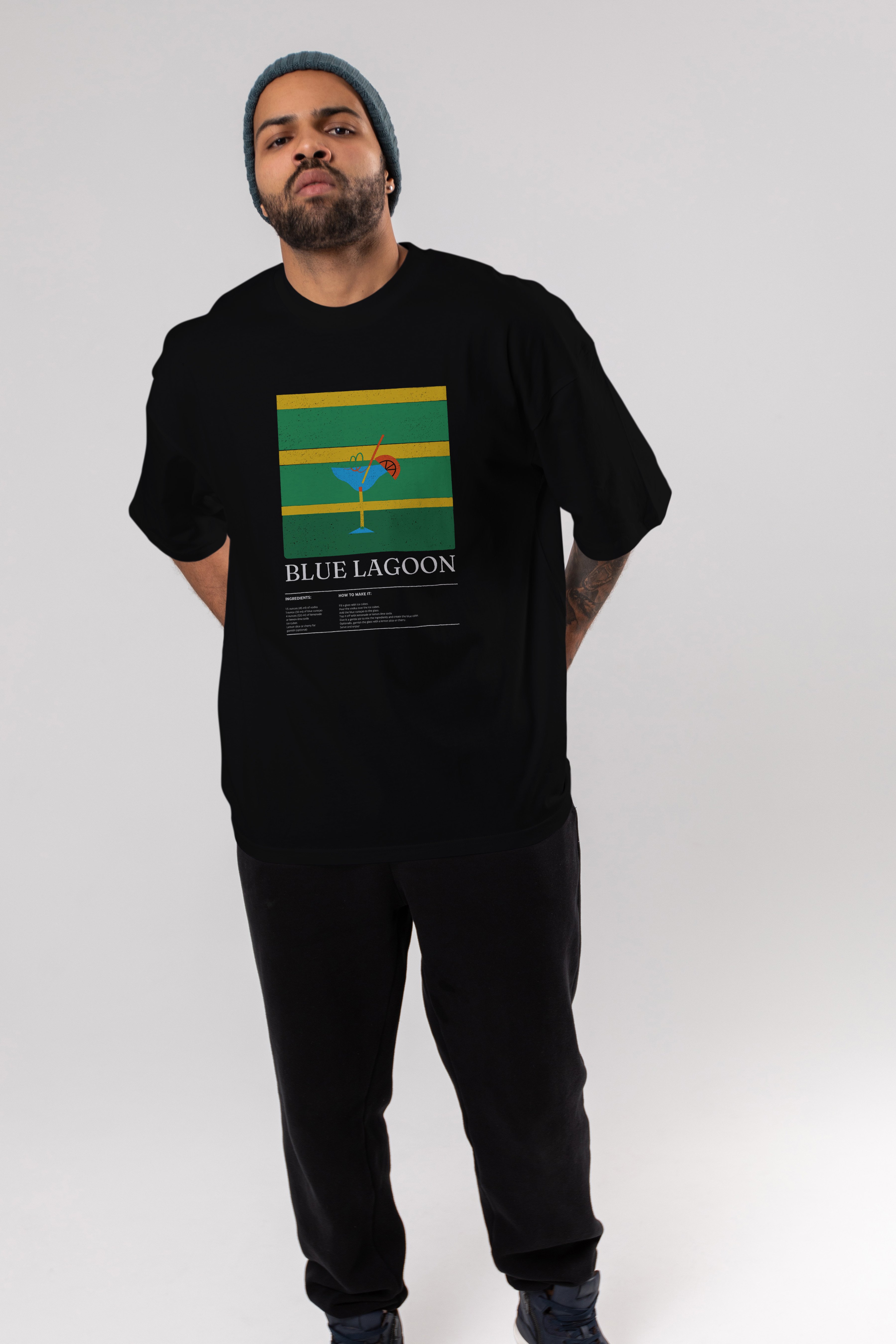 Blue Lagoon Kokteyl Ön Baskılı Oversize t-shirt Erkek Kadın %100 Pamuk Bisiklet Yaka tişort