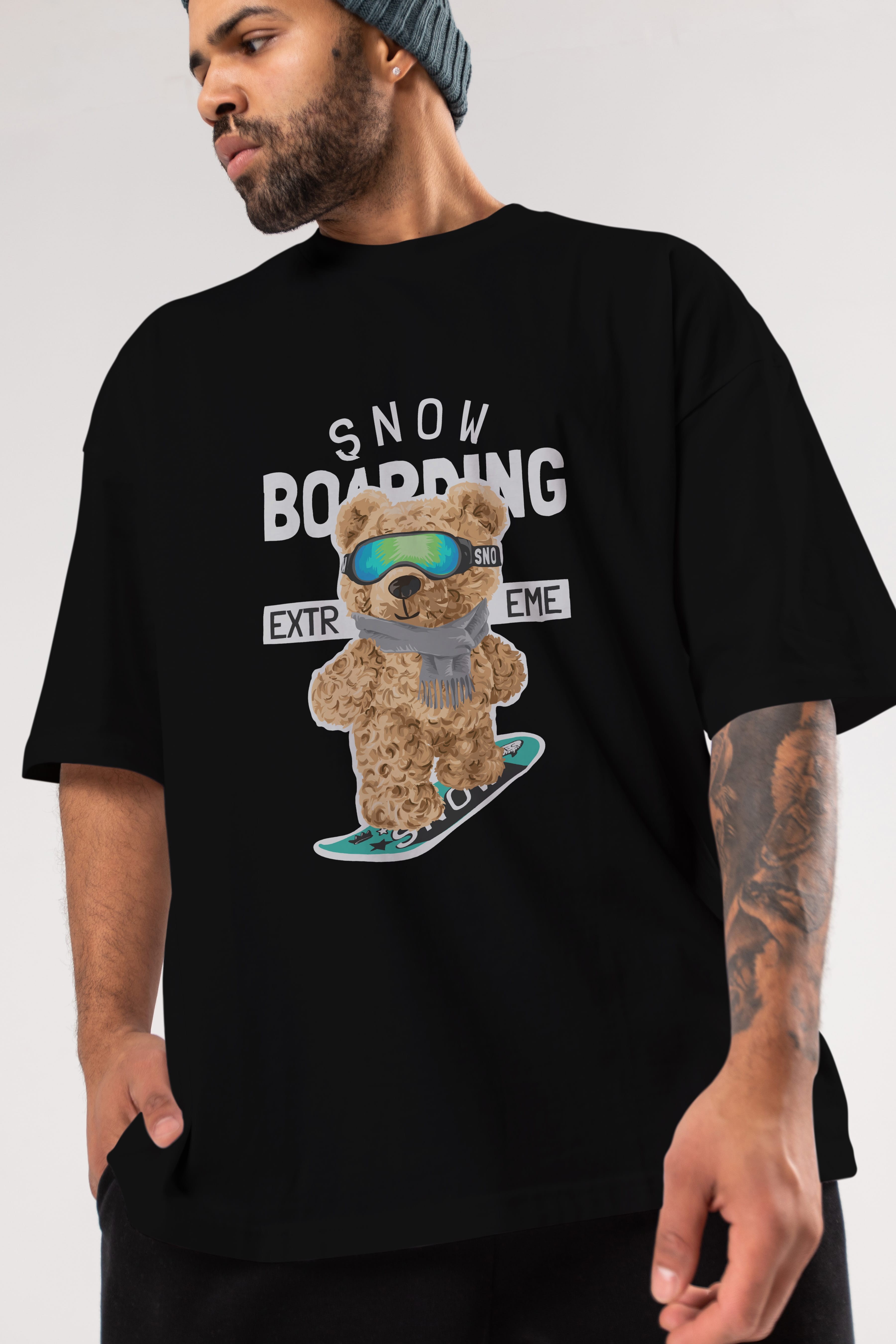 Teddy Bear Snow Boarding Ön Baskılı Oversize t-shirt Erkek Kadın Unisex %100 Pamuk
