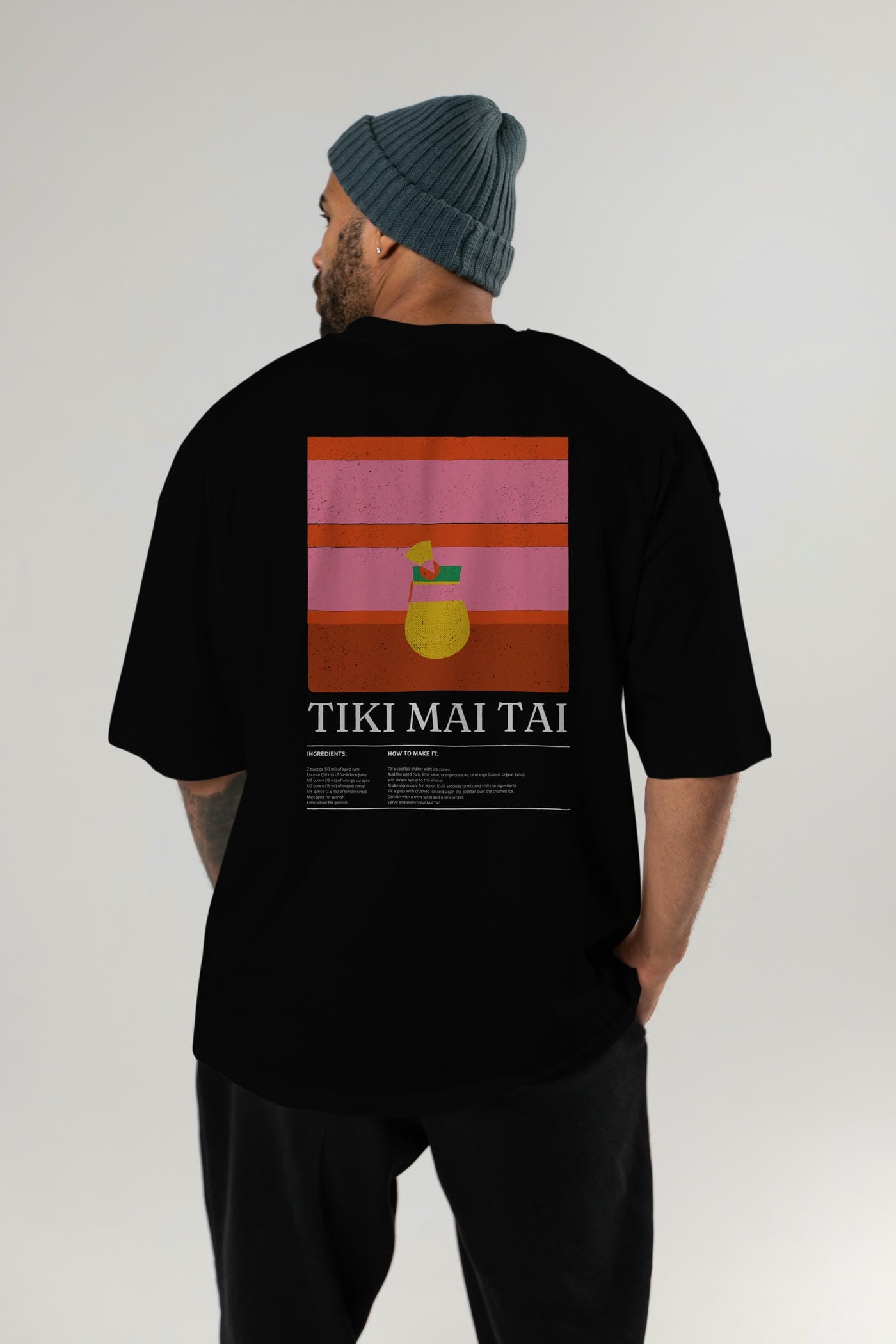 Tiki Mai Tai Kokteyl Serisi Arka Baskılı Oversize t-shirt Erkek Kadın %100 Pamuk Bisiklet Yaka tişort