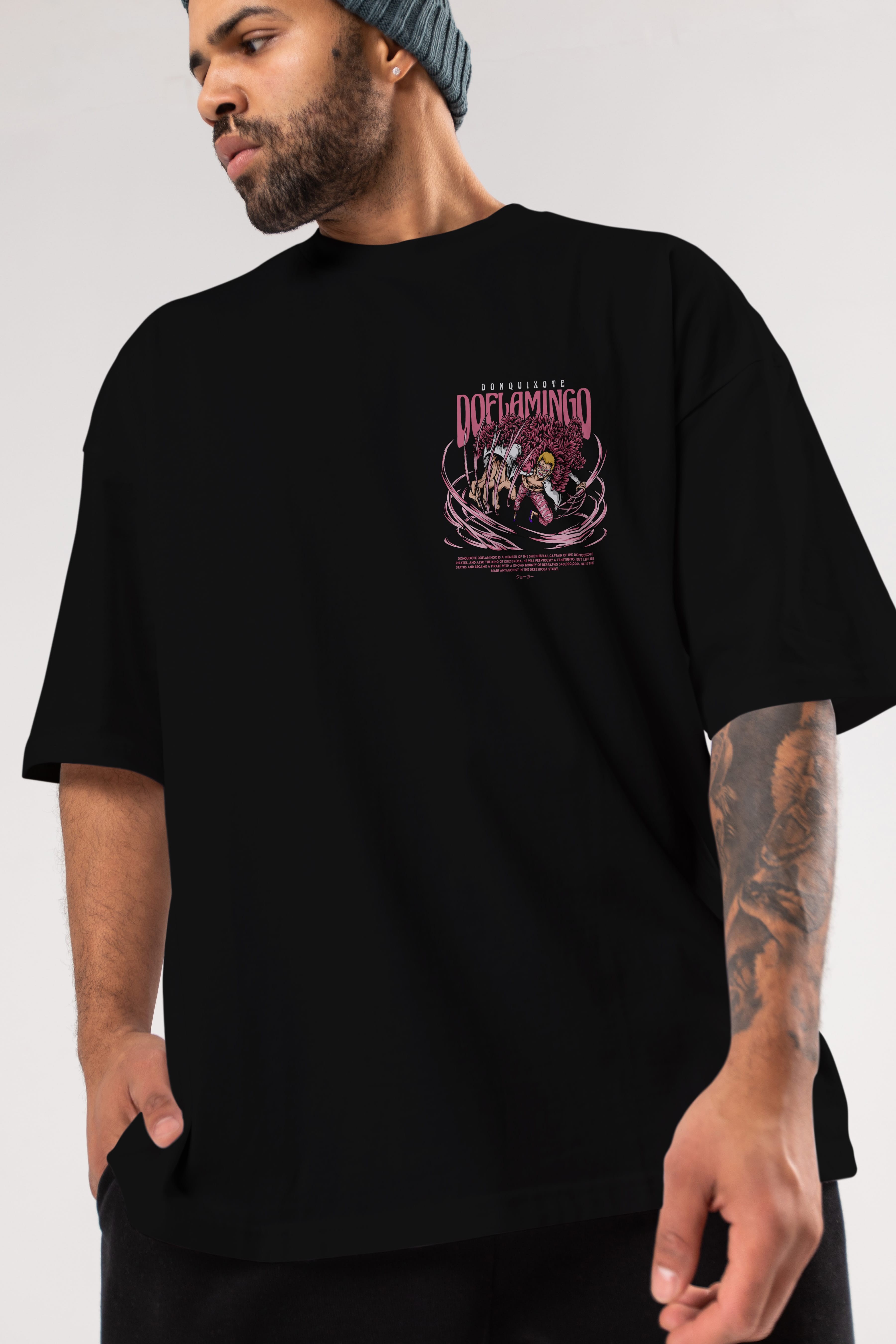 Doflamingo Ön Sol Baskılı Oversize t-shirt Erkek Kadın Unisex %100 Pamuk Bisiklet Yaka tişort