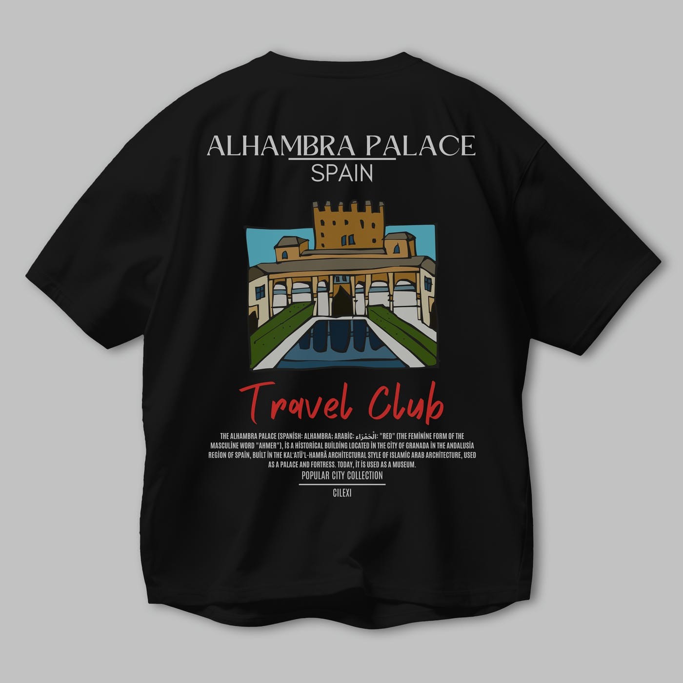Alhambra Palace Spain Arka Baskılı Oversize t-shirt Erkek Kadın Pamuk Bisiklet Yaka tişort