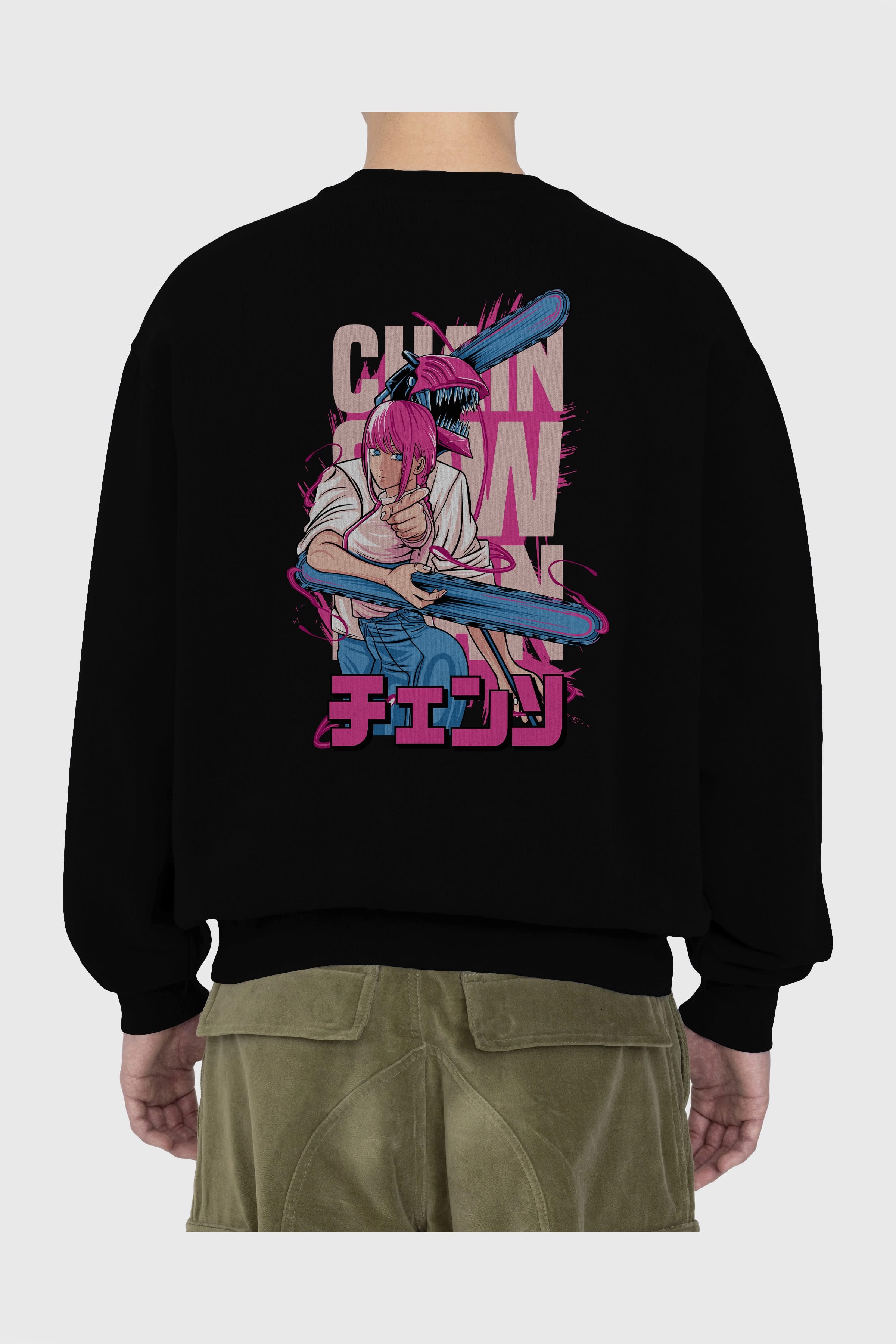 DENJI and MAKIMA Anime Arka Baskılı Oversize Sweatshirt Erkek Kadın Unisex