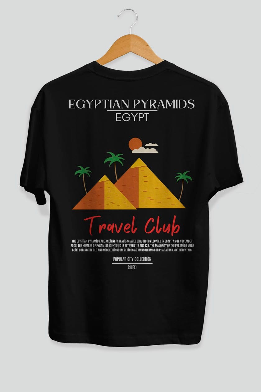 Egyptian Pyramids Egypt Arka Baskılı Oversize t-shirt Erkek Kadın Pamuk Bisiklet Yaka tişort
