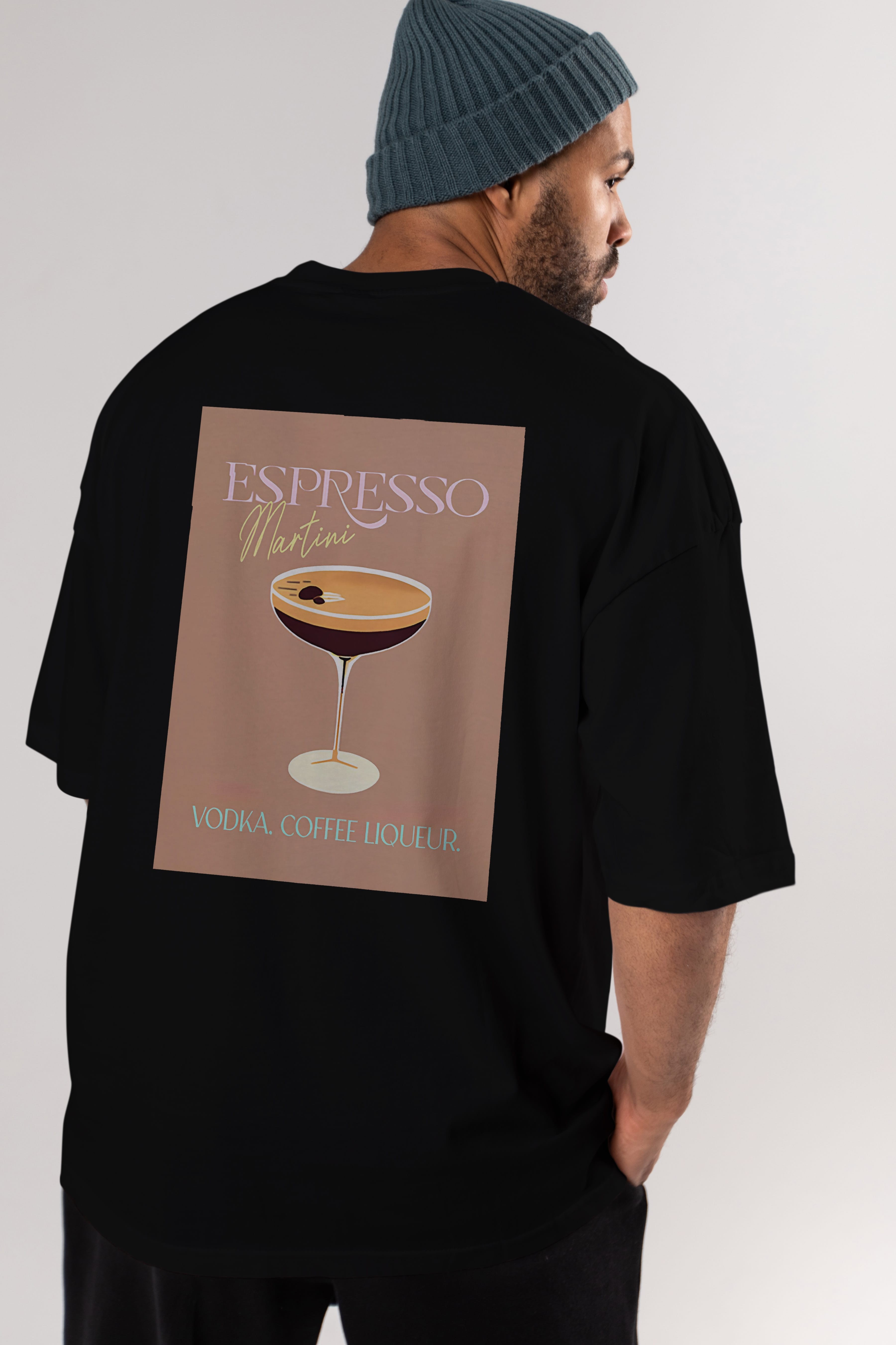 Espresso Martini Cocktail Arka Baskılı Oversize t-shirt Erkek Kadın Unisex %100 Pamuk Bisiklet Yaka tişort