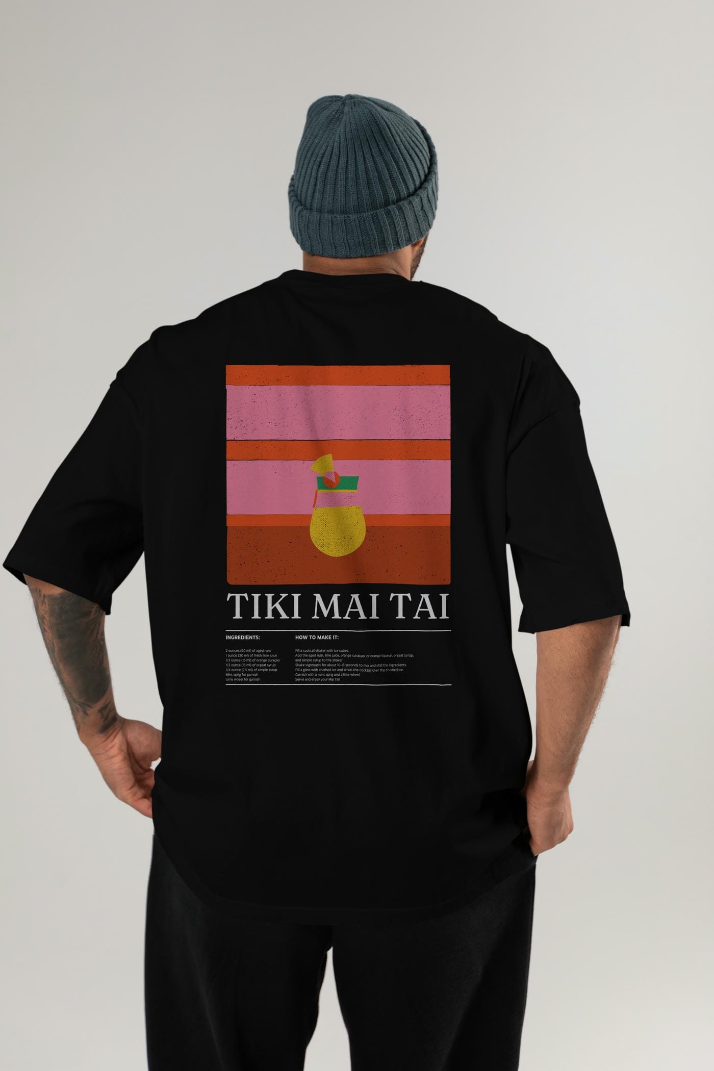 Tiki Mai Tai Kokteyl Serisi Arka Baskılı Oversize t-shirt Erkek Kadın %100 Pamuk Bisiklet Yaka tişort
