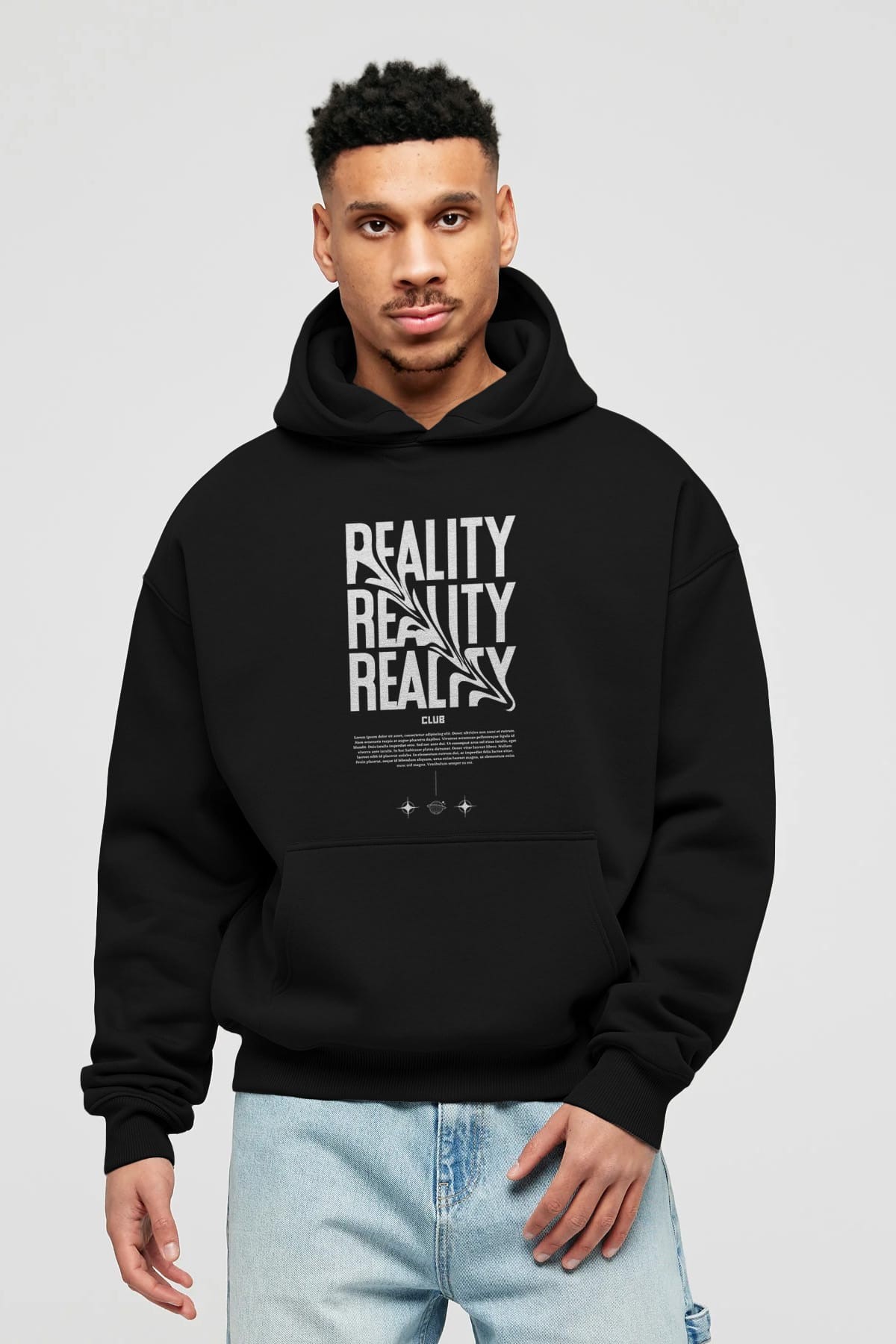 Reality Yazılı Ön Baskılı Oversize Hoodie Kapüşonlu Sweatshirt Erkek Kadın Unisex