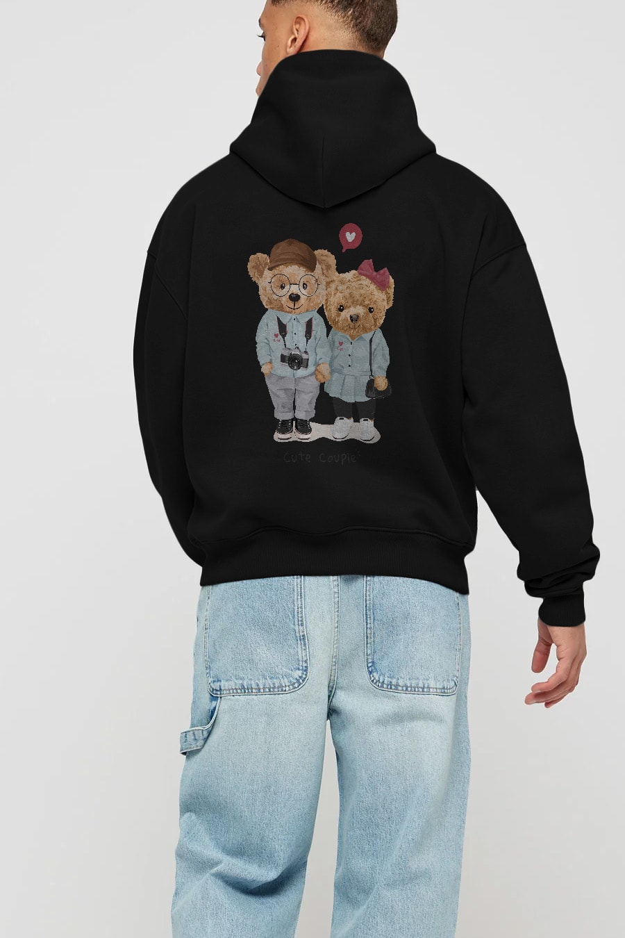 Teddy Bear Cute Couple Arka Baskılı Hoodie Oversize Kapüşonlu Sweatshirt Erkek Kadın Unisex