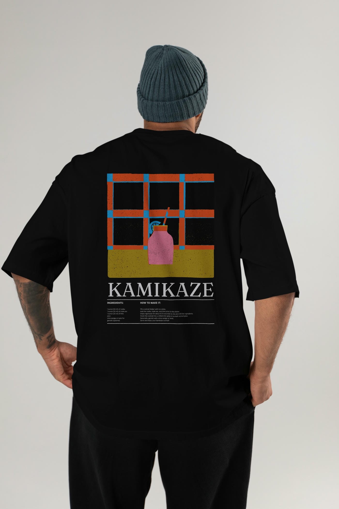 Kamikaze Kokteyl Serisi Arka Baskılı Oversize t-shirt Erkek Kadın %100 Pamuk Bisiklet Yaka tişort