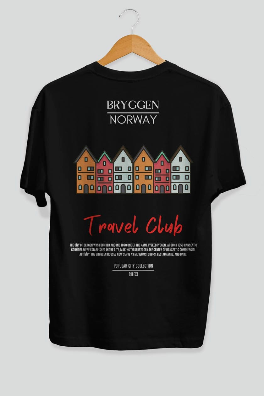 Bryggen Norway Arka Baskılı Oversize t-shirt Erkek Kadın Pamuk Bisiklet Yaka tişort